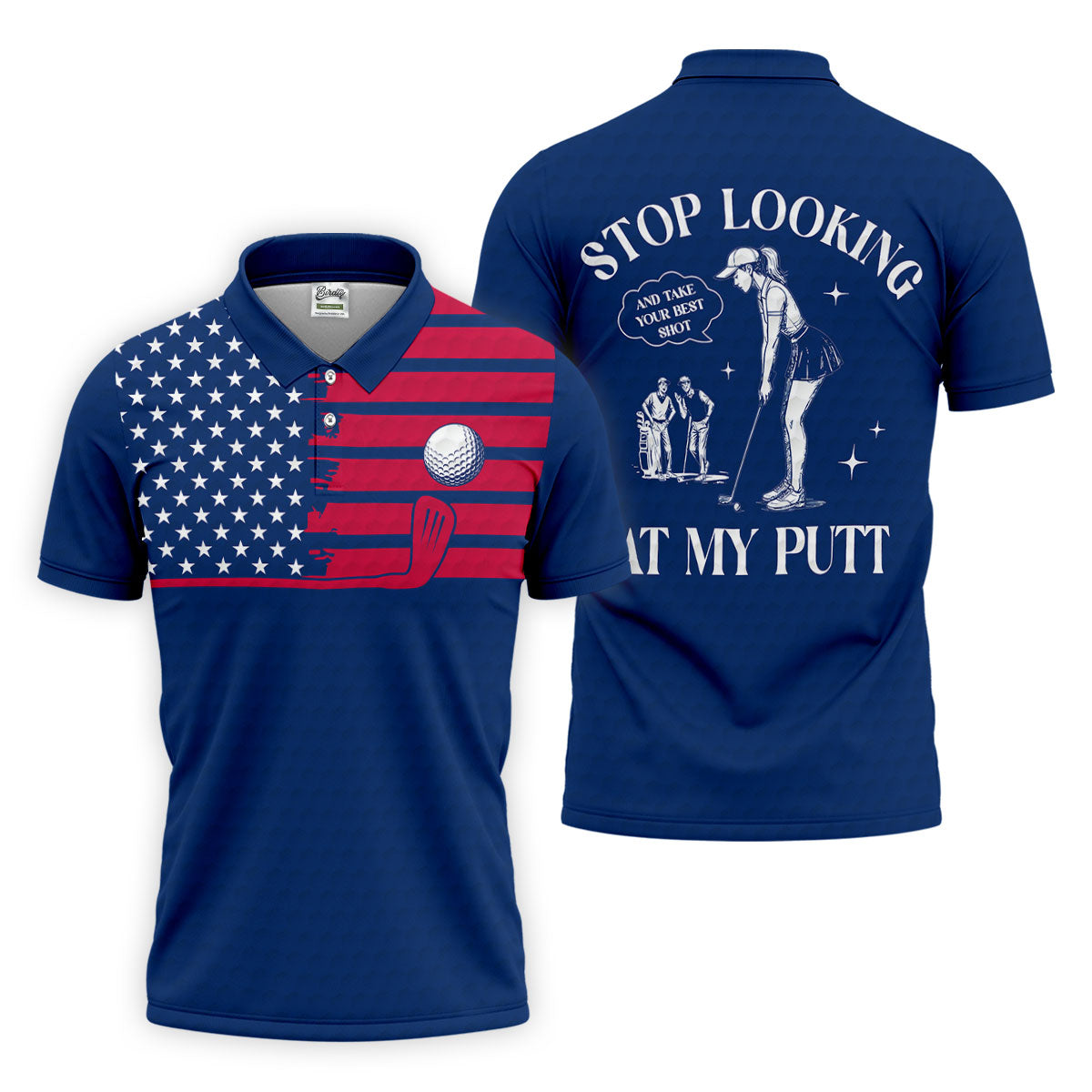 Stop Looking At My Putt US Flag Pattern Funny Golf Shirt, 250 Years 4th Of July Patriotic Golf Shirts For Men