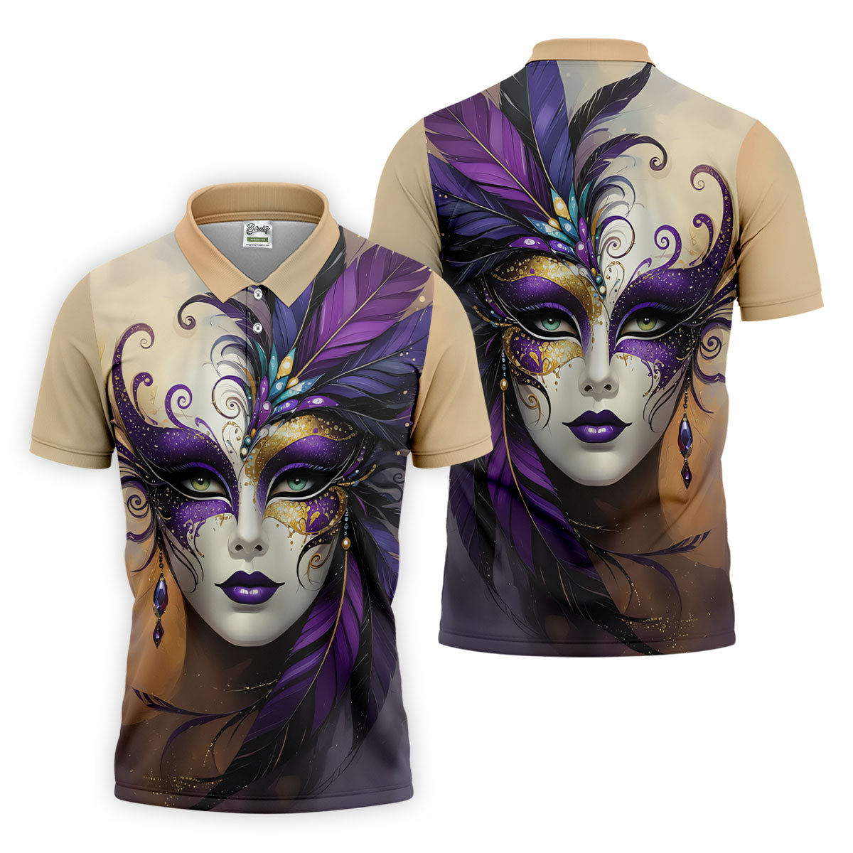 Feather Mask Mardi Gras Golf Shirt, Purple And Beige Golf Shirts For Men, Polo ShirtFor Men