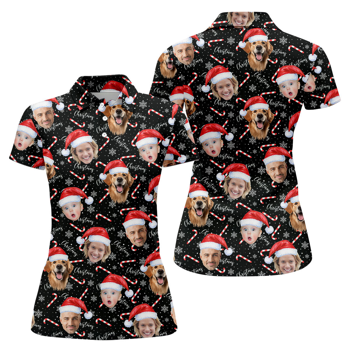 Custom Face Candy Cane Christmas Black Golf Shirt, Christmas Golf Shirt, Ladies Golf Tops, Golf Gifts For Women