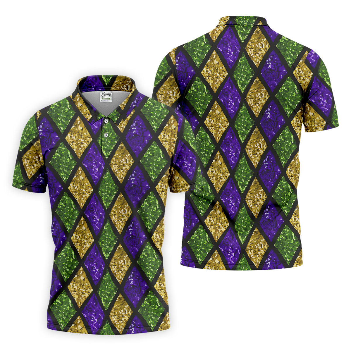 Green Purple Gold Argyle Pattern Sparkling Effect Mardi Gras Golf Shirt, Polo ShirtFor Men, Golf Shirts For Men