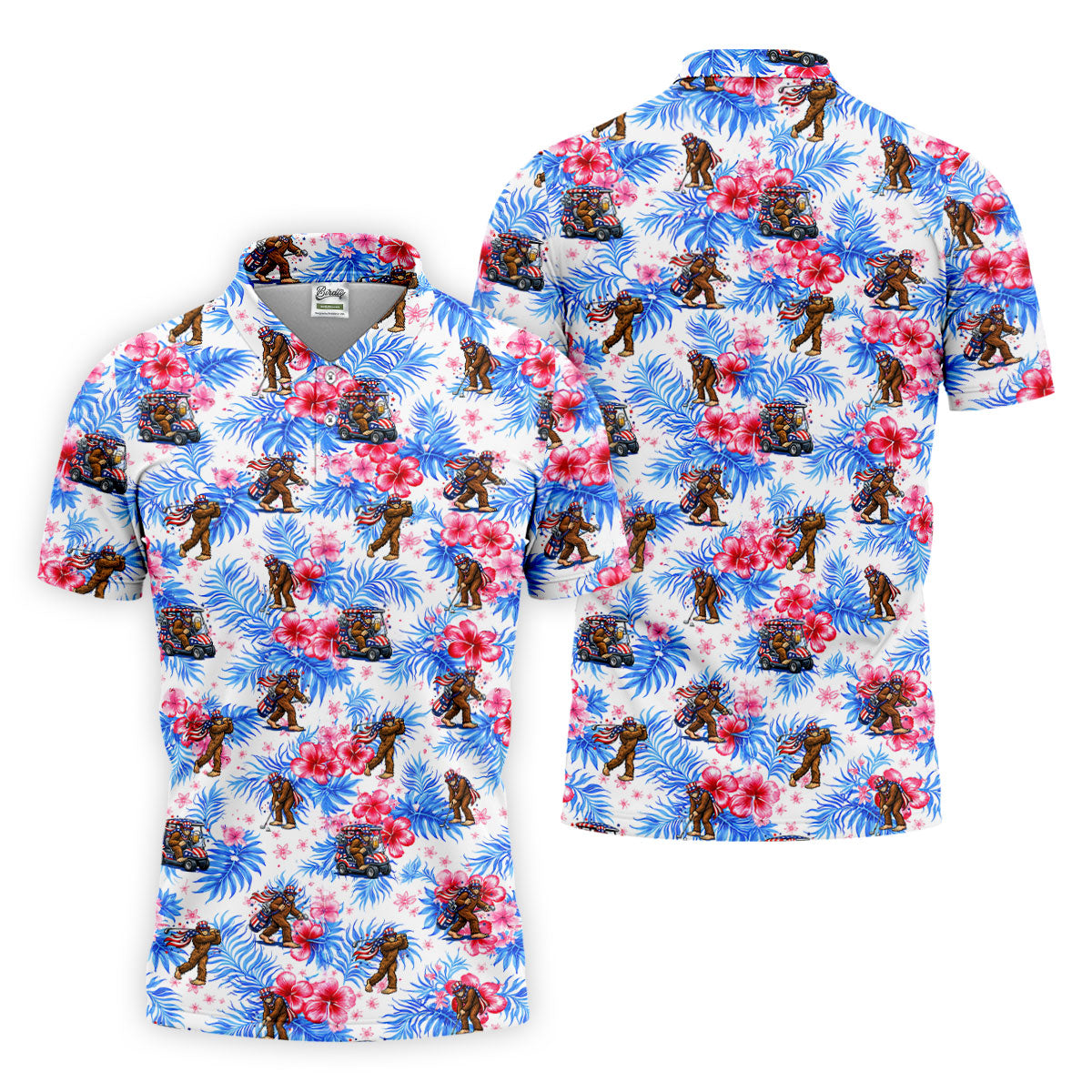 Funny Bigfoot Golf Pose 4th Of July Tropical Vibe Golf Shirts For Men, 250th Anniversary Patriotic Golf Shirt