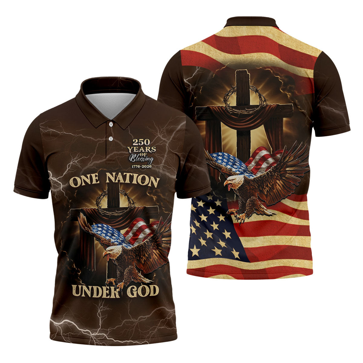 One Nation Under God 250 Years Faith Cross Golf Tops For Men, Patriotic Father's Day Golf Shirt