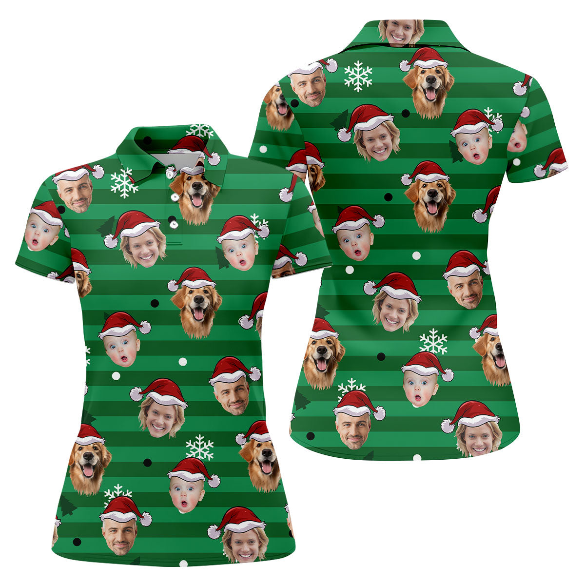 Custom Face Green Stripe Christmas Golf Shirt, Women's Golf Tops, Ladies Golf Shirts, Christmas Golf Gift