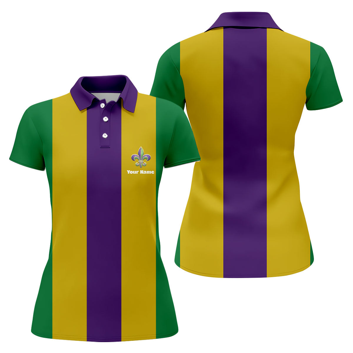 Vertical Stripes Purple Green Gold Mardi Gras Golf Shirt, Women's Golf Shirts, Ladies Golf Polos