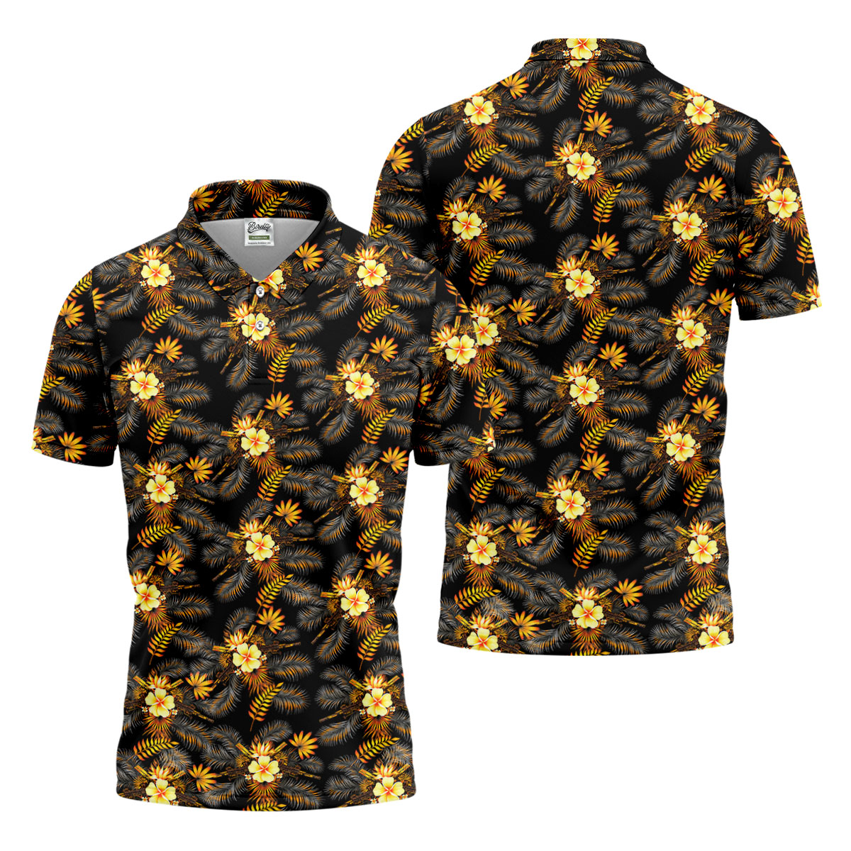 Yellow Hibiscus Flower Black Hawaiian Golf Shirt, Tropical Vibe Golf Shirts For Men