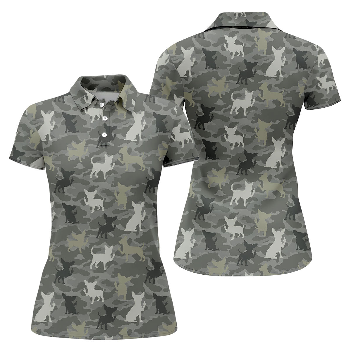 Grey Camo Chihuahua Dog Pattern Golf Polo Shirt, Women's Golf Shirt, Ladies Polo Shirt, Womens Golf Top
