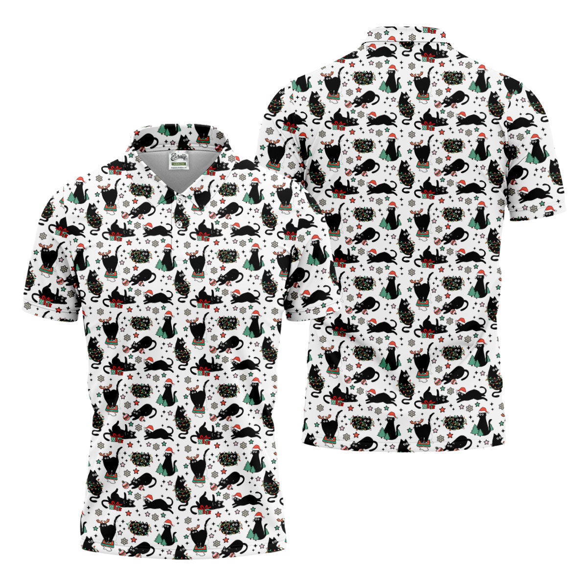 Xmas Black Cat Polo Shirtor Men, Christmas Golf Shirt, Golf Gift For Men, Christmas Golf Shirt
