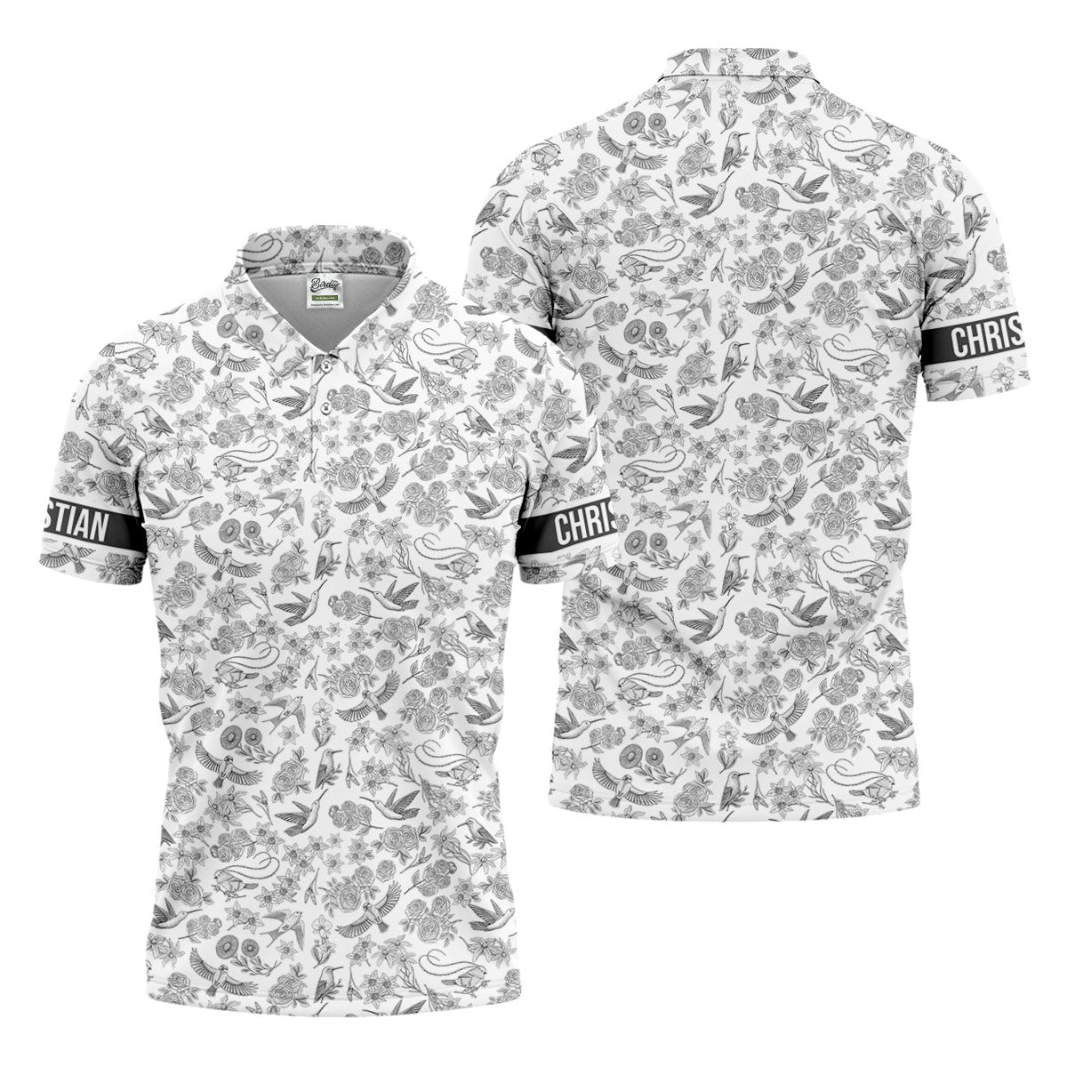 Custom Name Toile de Jouy Birds And Flowers Grey And White Polo ShirtFor Men, Golf Gift For Men
