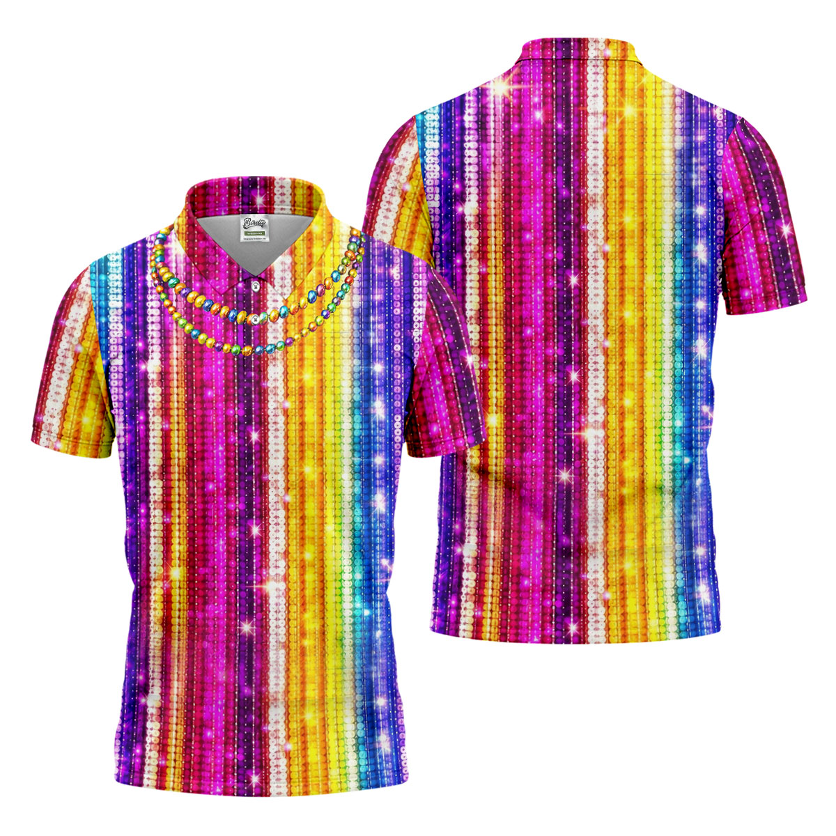 Mardi Gras Sequinned Glitter Print Golf Tops For Men, Polo ShirtFor Men, Golf Shirts For Men