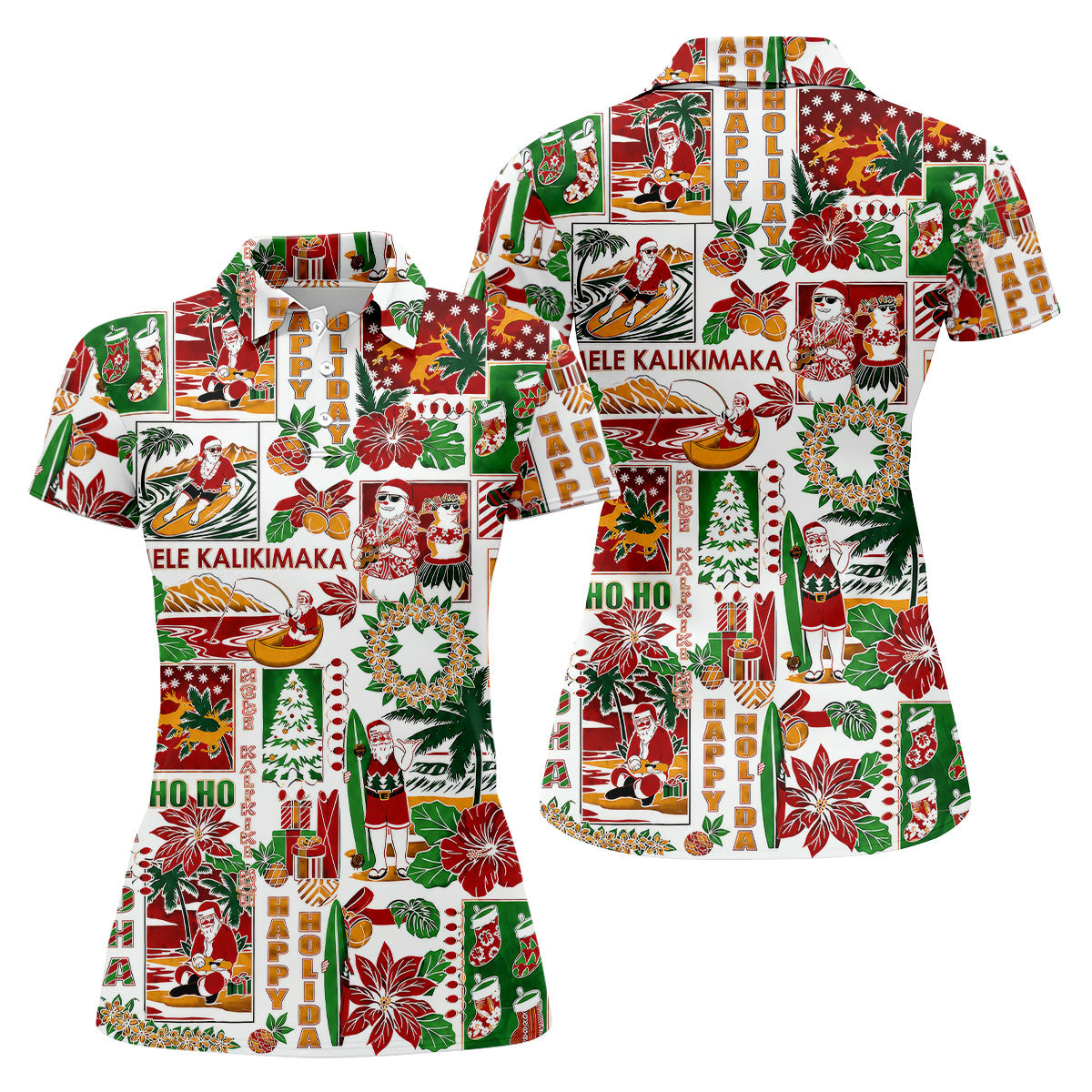 Women's Mele Kalikimaka Hawaiian Christmas Golf Shirt, Tropical Santa Holiday Golf Shirt, Women’s Golf Polo
