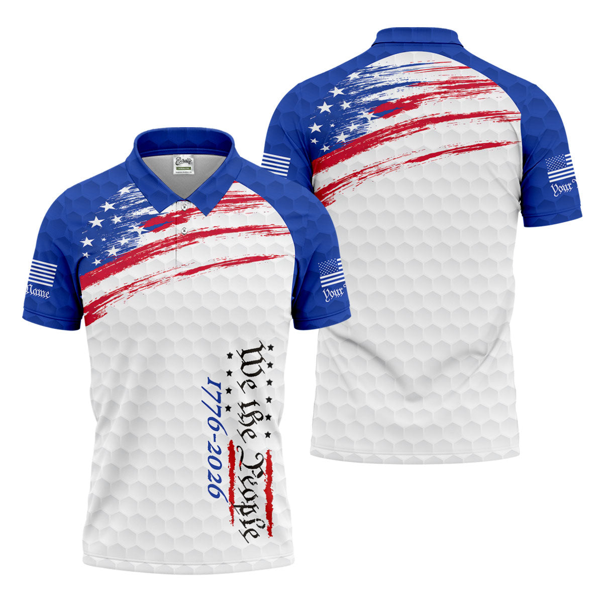 We The People 1776-2926 American Flag Brush Blue Golf Shirt, 250 Years Patriotic 4th Of July Golf Shirts For Men