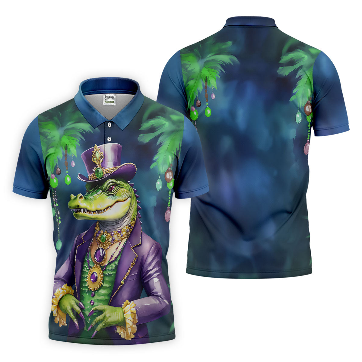 Mardi Gras Alligator Navy Golf Shirt, Men's Funny Golf Shirts, Polo ShirtFor Men, Golf Shirts For Men
