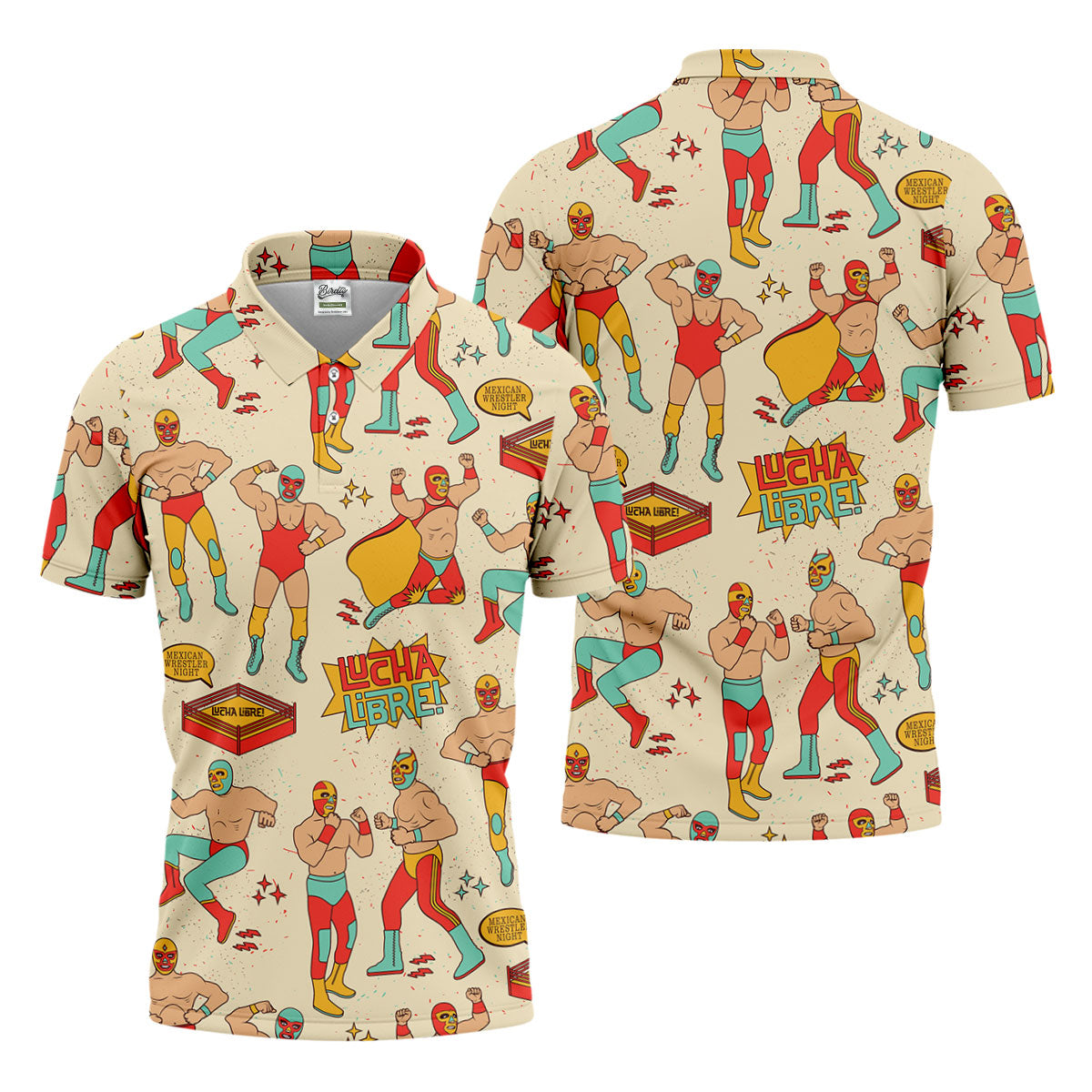 Beige Lucha Libre Mexican Wrestler Pattern Golf Shirt, Mens Golf Polo, Printed Golf Shirts