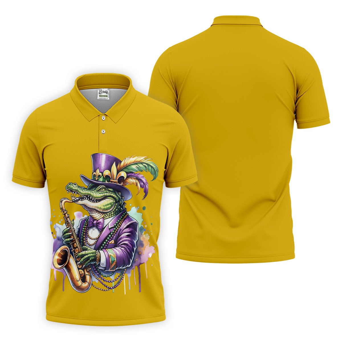 Mardi Gras Alligator Playing Saxophone Yellow Golf Shirt, Golf Shirts For Men, Polo ShirtFor Men