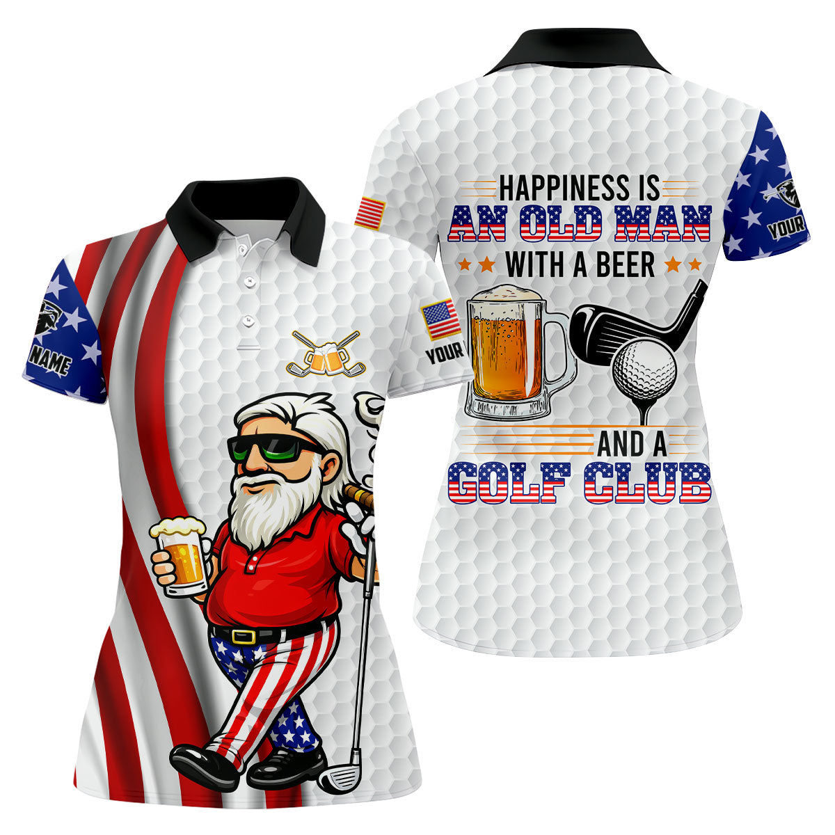 Happiness Is An Old Man With A Beer Funny 4th Of July White Golf Shirt, 250th Anniversary Women's Golf Tops