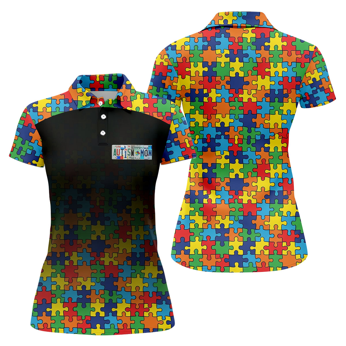 Autism Mom Colorful Puzzles Black Faded Women's Golf Tops, Golf Shirt For Women, Unique Mother's Day Gifts