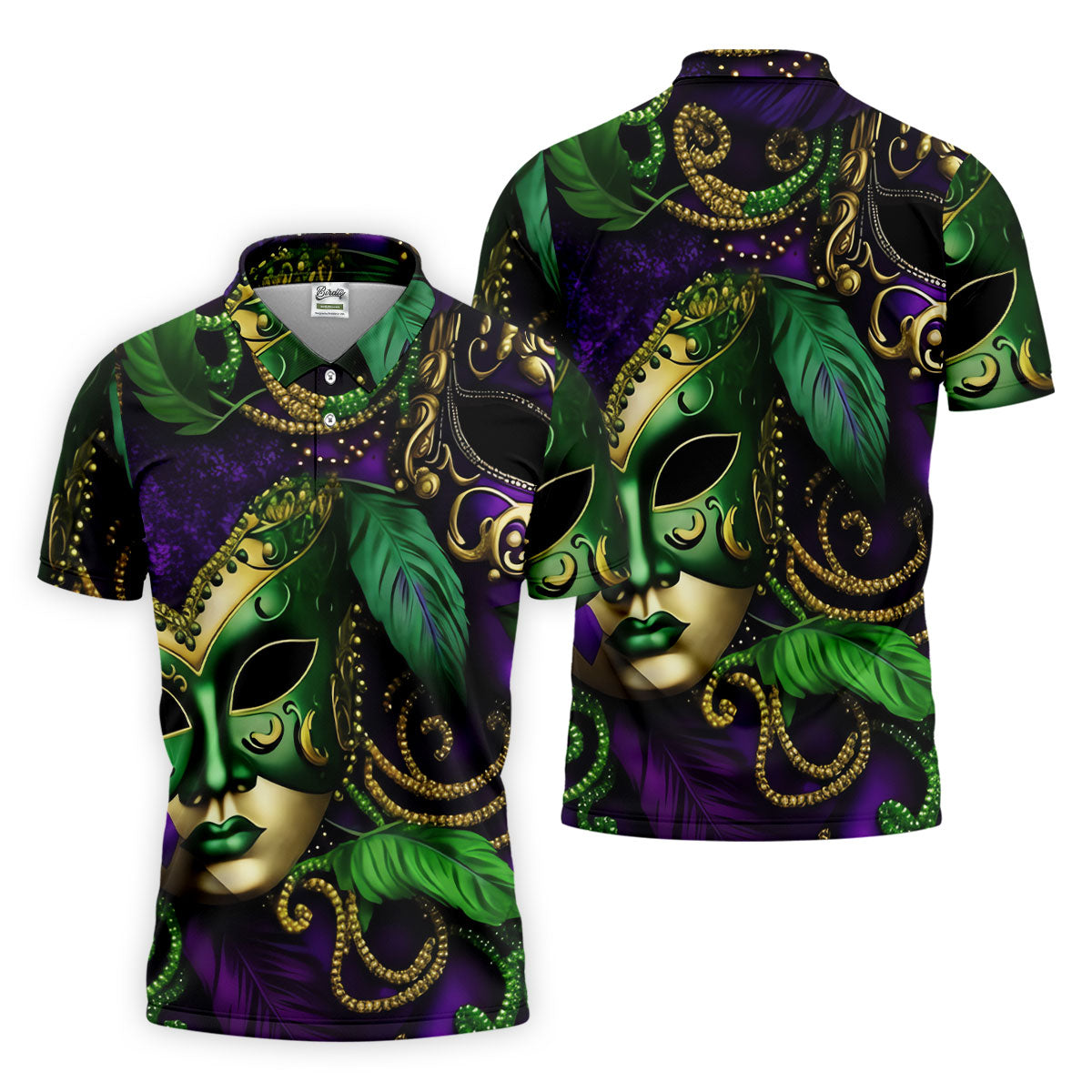 Purple Green Gold Carnival Mask Feather Print Mardi Gras Golf Shirt, Polo ShirtFor Men, Golf Shirts For Men