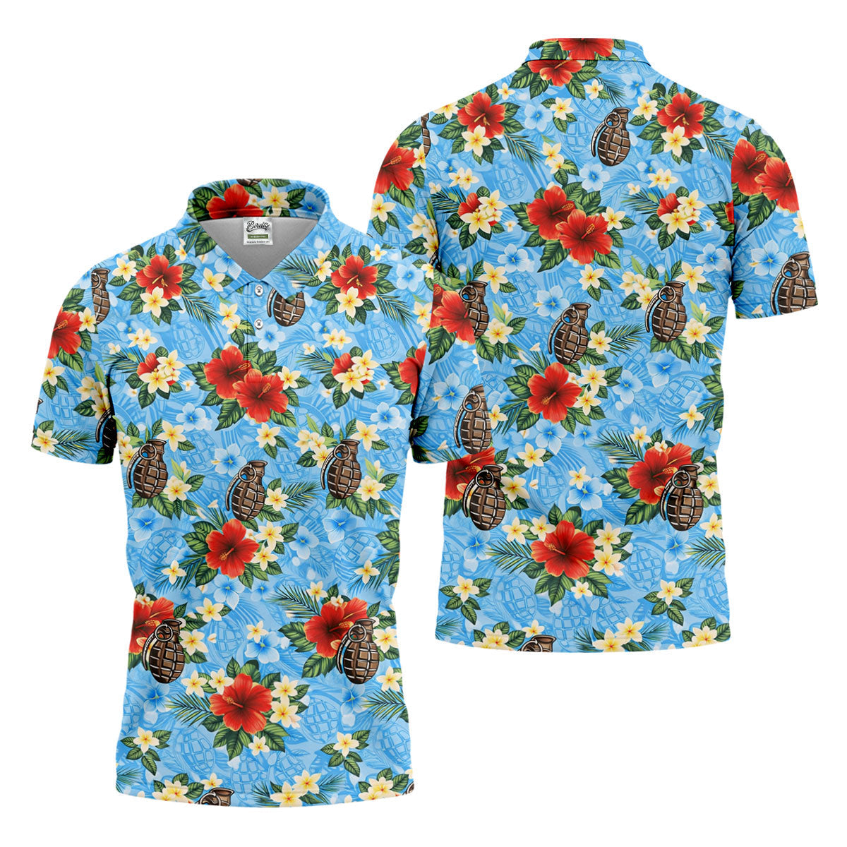 Floral Pattern Army Theme Hawaiian Blue Golf Shirt, Men's Golf Polo ShirtShirts For Men
