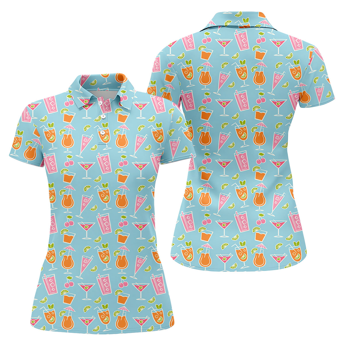 Tropical Cocktail Drinks Pattern Golf Shirt, Women’s Golf Apparel, Golf Tops For Women