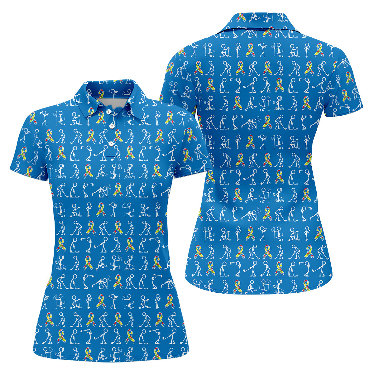 Stick Figure Golf Pose Autism Ribbon Blue Golf Shirt, Autism Awareness Colors Ladies Golf Polos