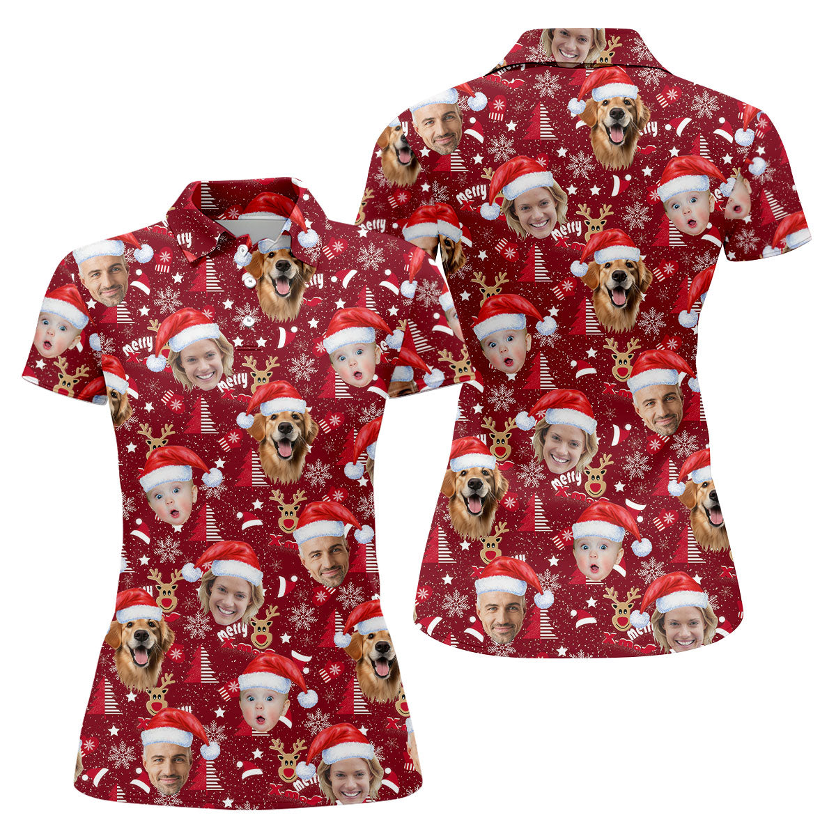 Custom Face Red Nose Reindeer Merry Xmas Red Golf Shirt, Christmas Golf Shirt, Women's Golf Tops