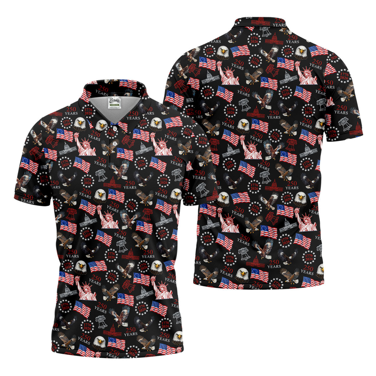 250 Years American Symbol Patriotic Pattern Black Golf Shirt, 4th Of July Golf Shirt, Golf Shirts For Men