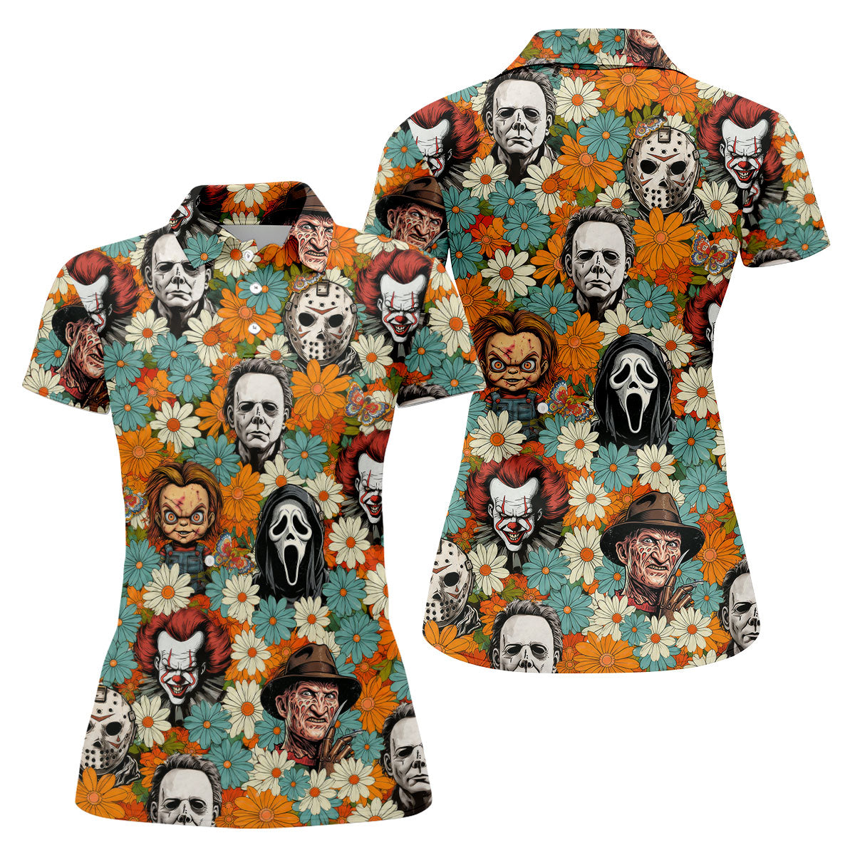 Floral Horror Character Halloween Golf Shirt, Women's Golf Apparel, Printed Golf Shirt