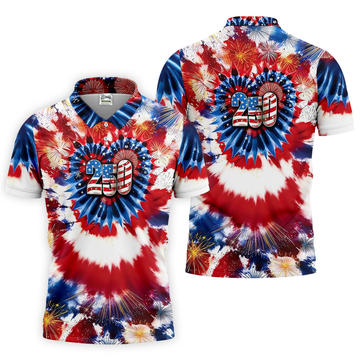 250 Years Red White Blue Tie Dye Print Patriotic Golf Shirt, 4th Of July Golf Shirts For Men