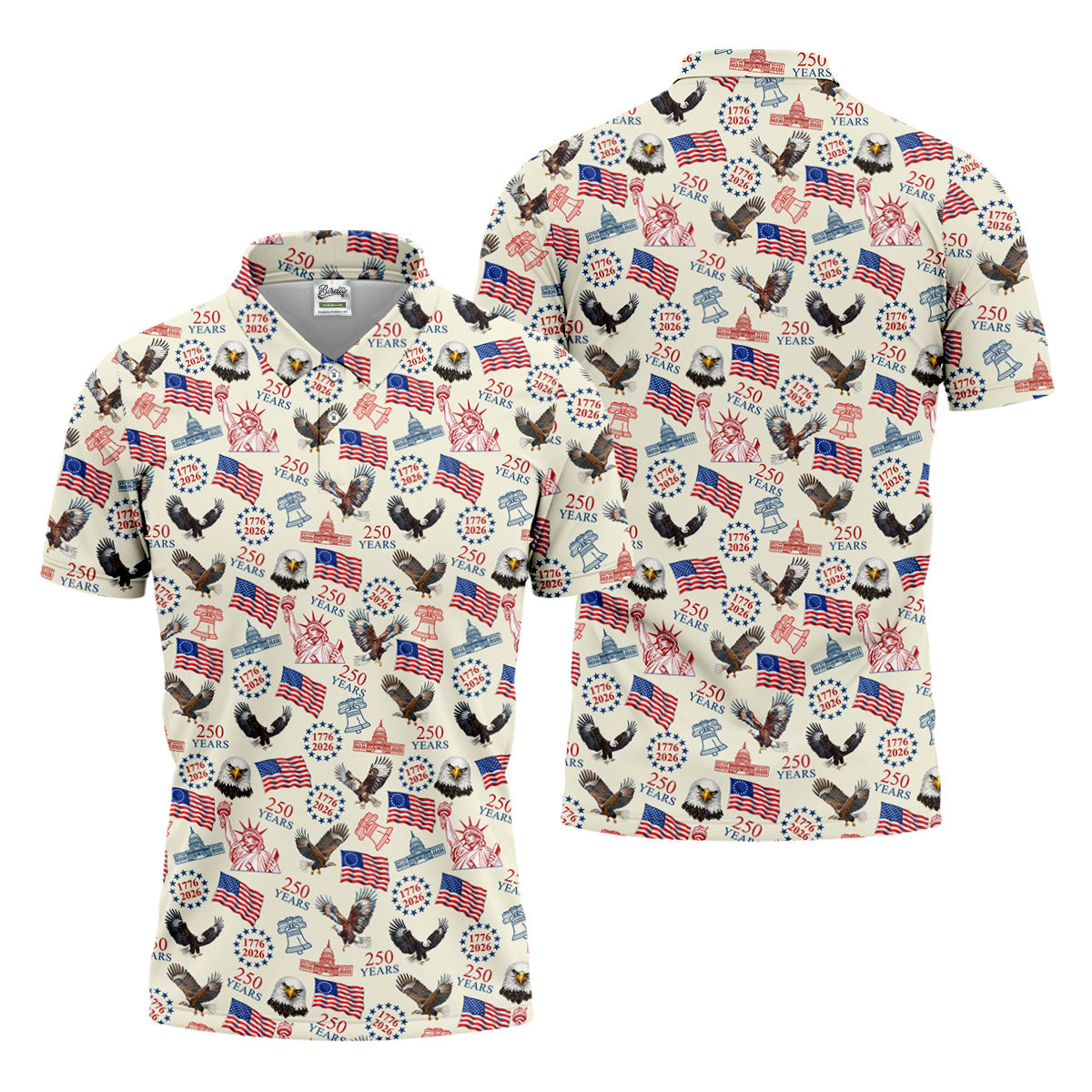250 Years American Symbol Patriotic Pattern Beige Golf Shirt, 4th Of July Golf Shirt, Golf Shirts For Men