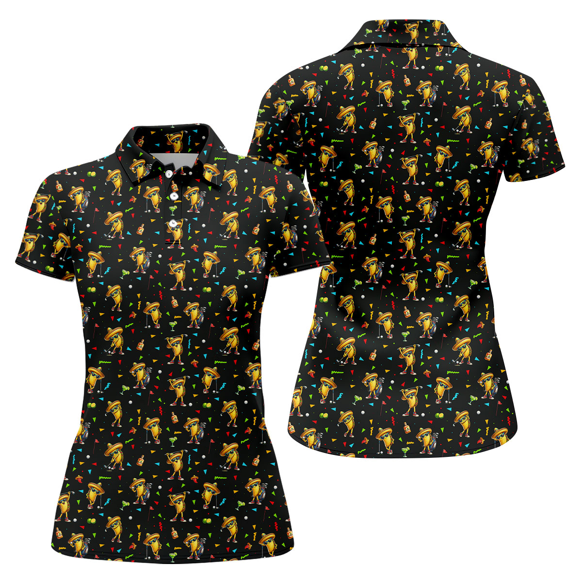 Fairway Fiesta Taco Margarita Mexico Theme Black Golf Shirt, Women Golf Shirts, Ladies Golf Shirt