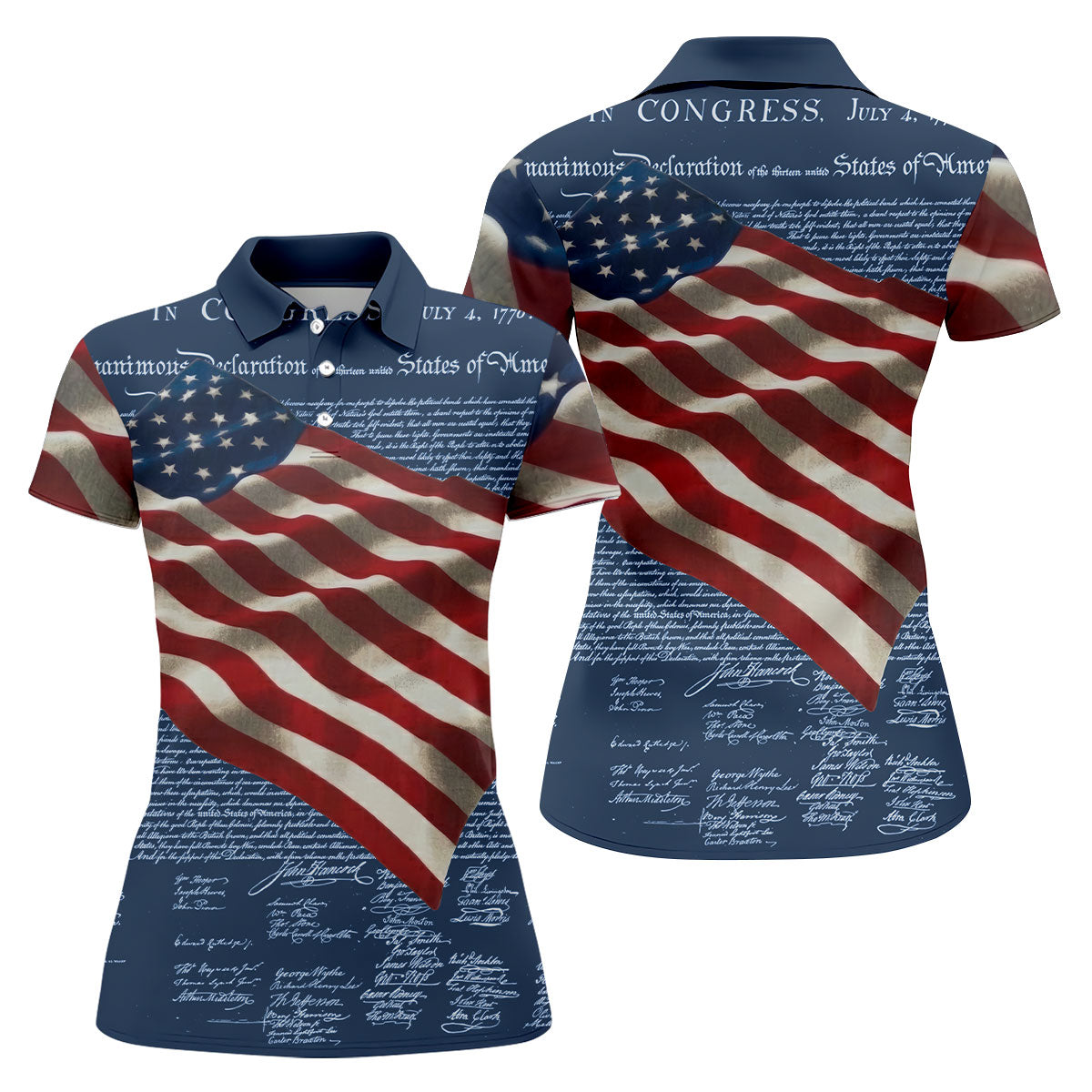 Patriotic American Flag Declaration Of Independence 4th Of July Navy Golf Shirt, 250th Anniversary Ladies Golf Shirts