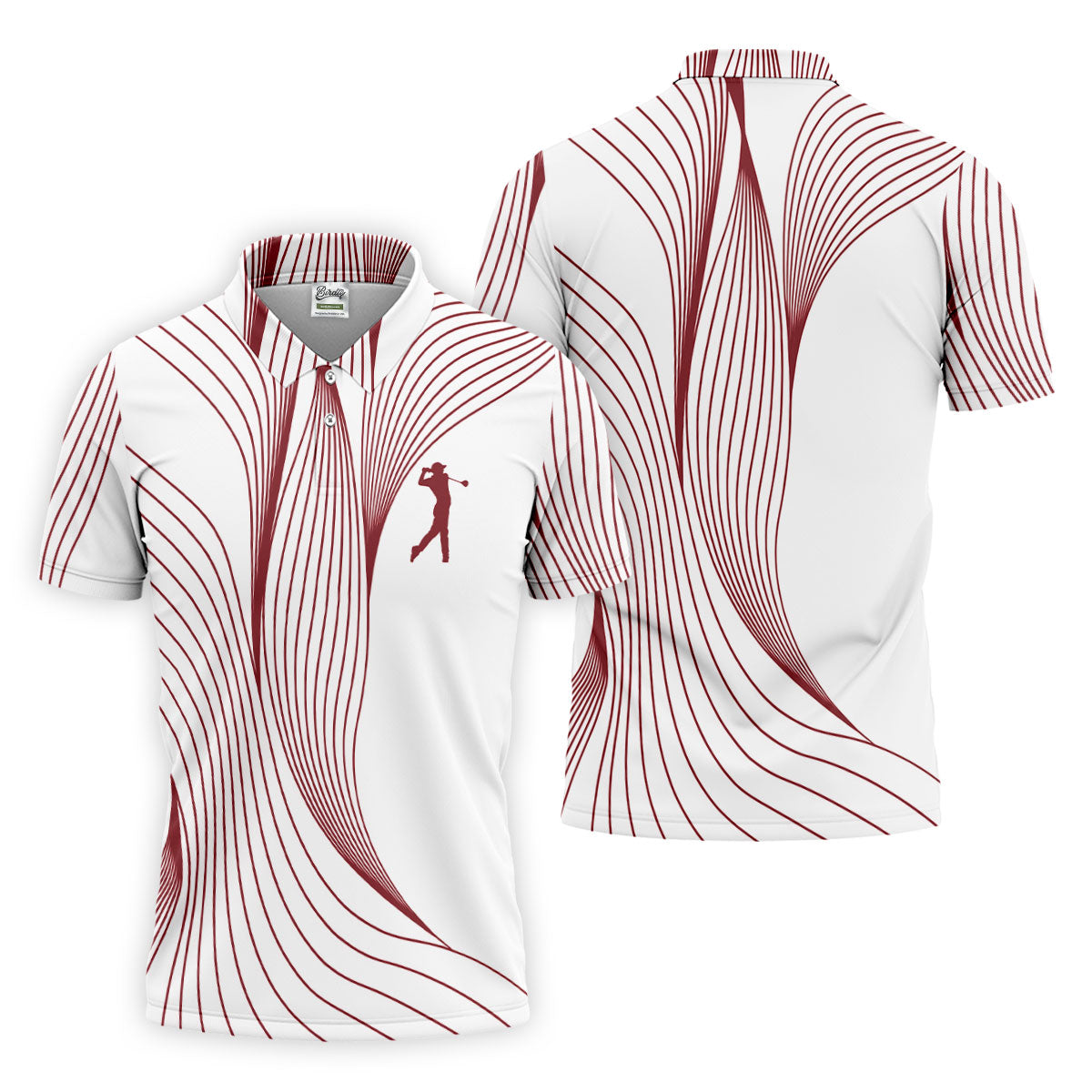 Geometric Line Wavy Line Maroon And White Golf Shirts For Men, Men's Golf Shirt, Polo Shirt Men