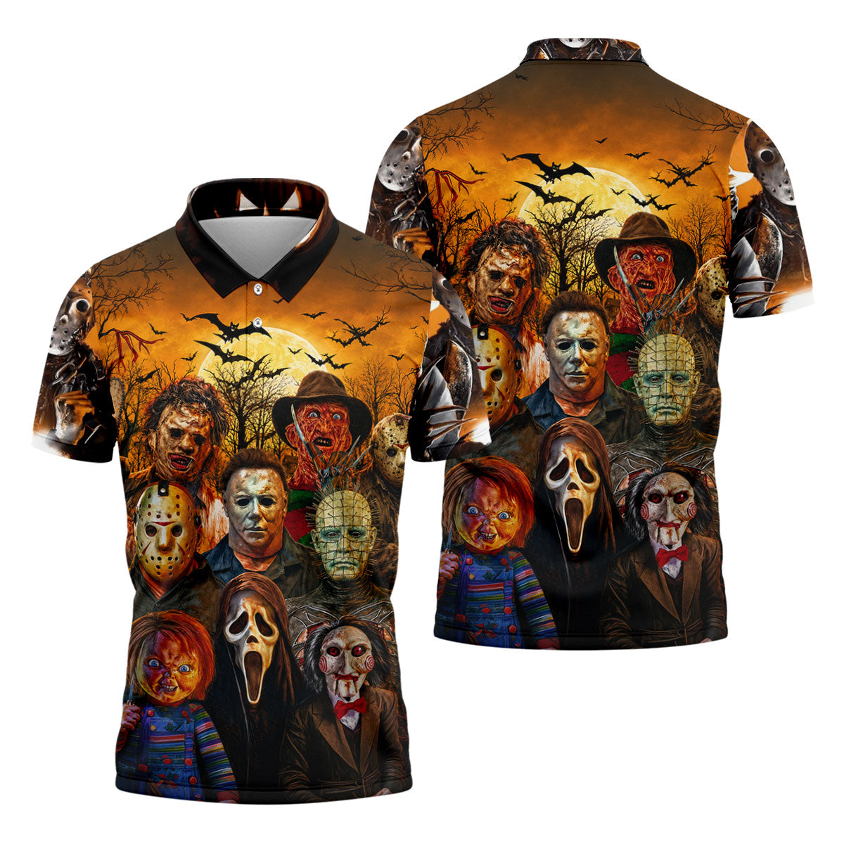 Halloween Horror Character Hawaiian Golf Shirt, Mens Golf Shirts, Golf Apparel For Men