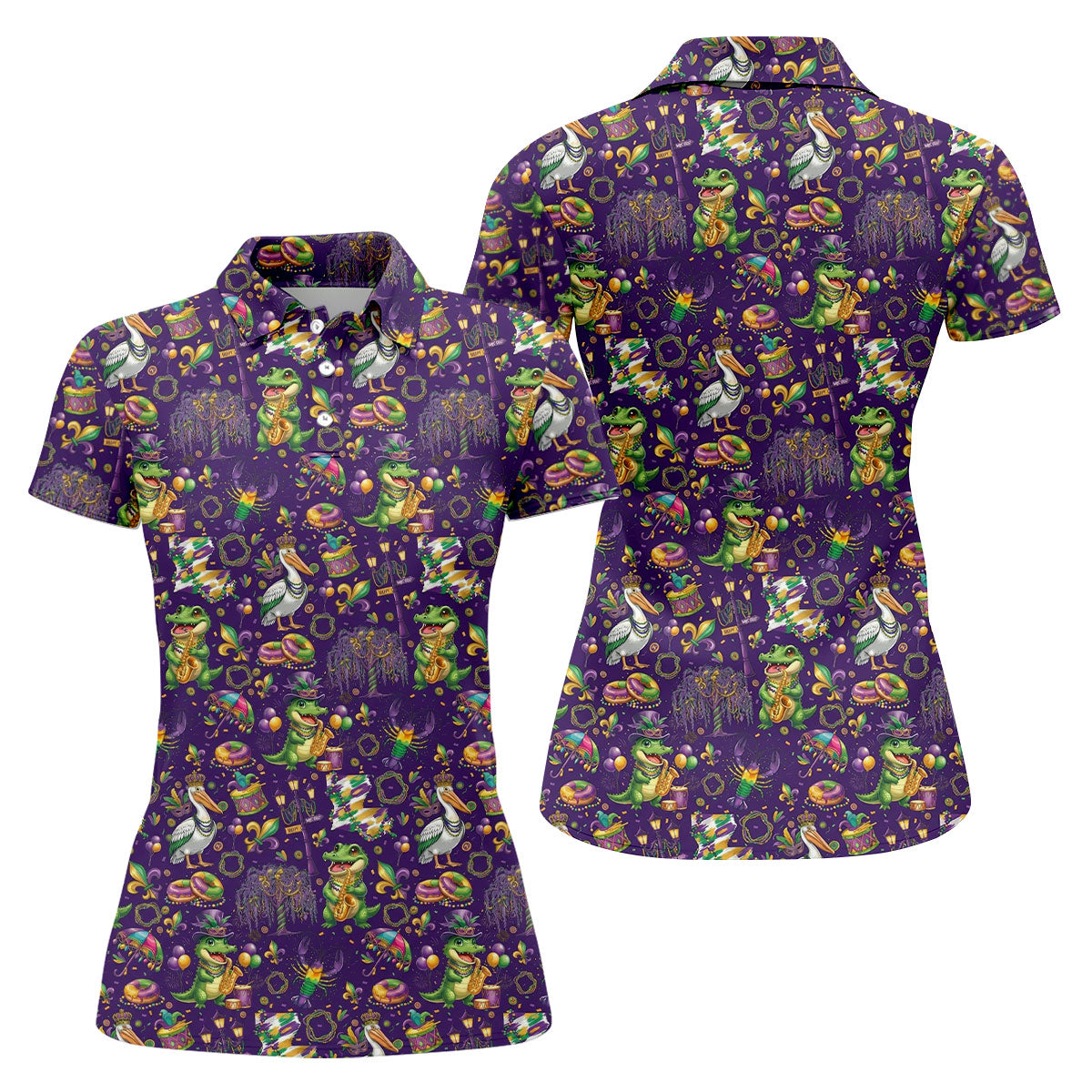 Mardi Gras Fleur De Lis Animal Band Purple Golf Shirt, Women's Golf Shirts, Ladies Golf Polos