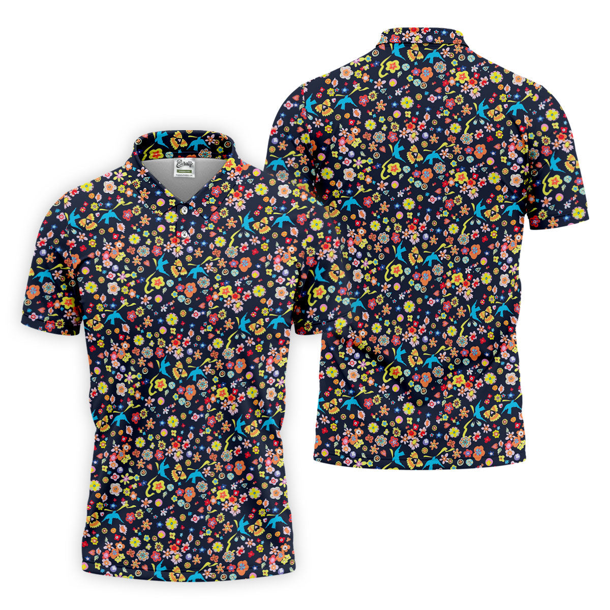 Colorful Floral Bird Garden Golf Shirt, Mens Golf Polo, Printed Golf Shirts