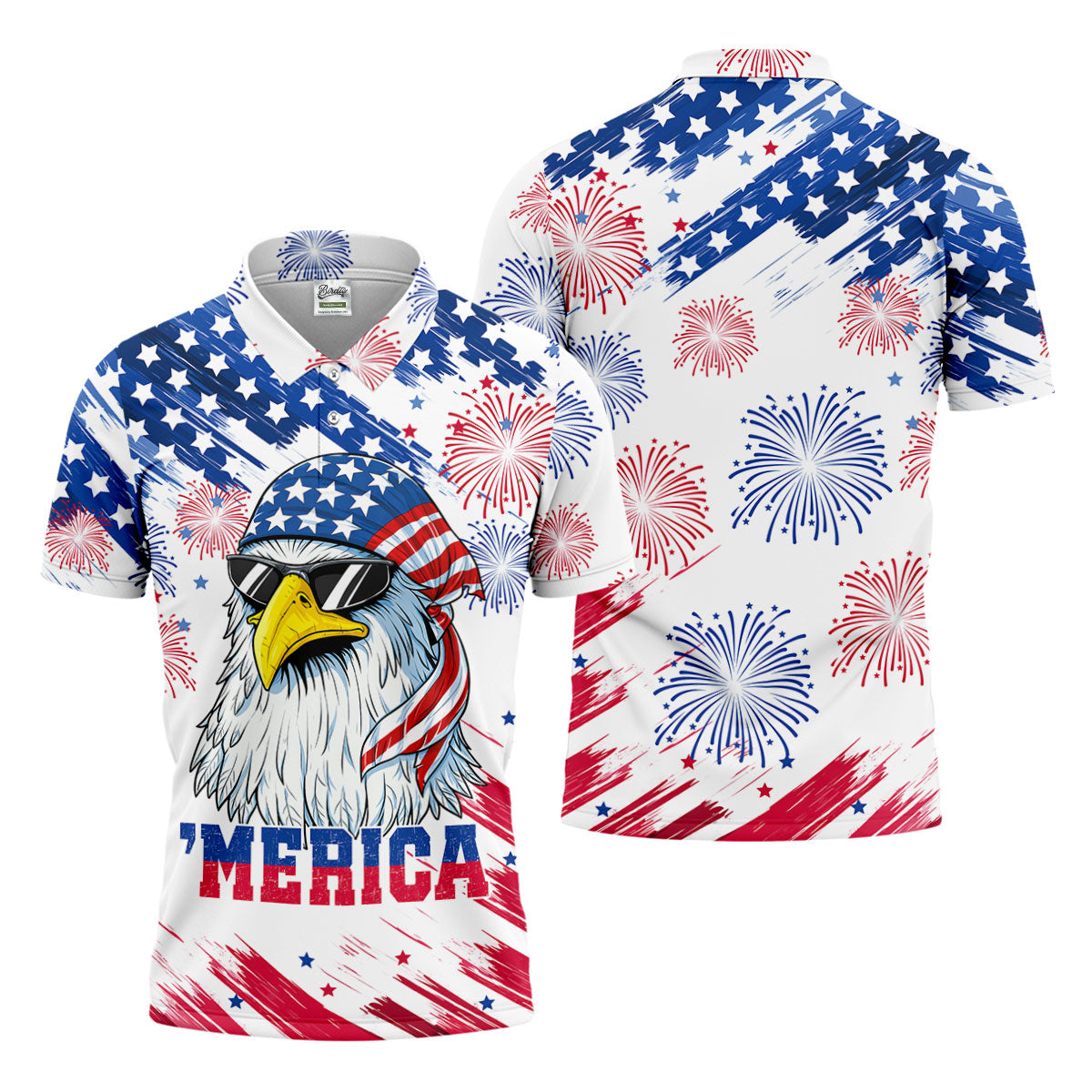 Cool Bald Eagle 4th Of July American Flag Pattern Golf Shirts For Men, 250th Anniversary Patriotic Golf Shirt