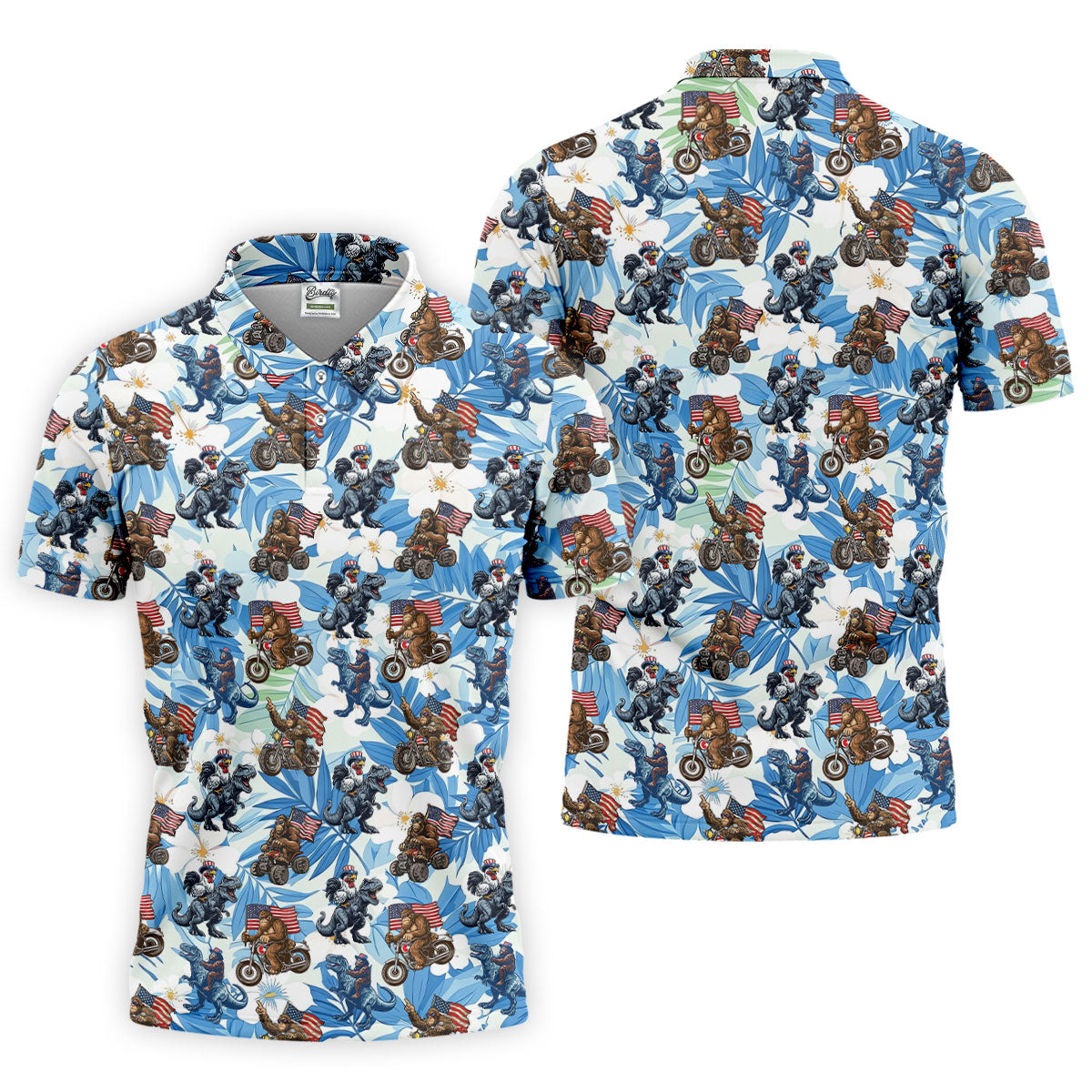 Patriotic Bald Eagle Funny T-Rex Bigfoot Hawaiian Golf Shirt, 250 Years 4th Of July Golf Shirts For Men