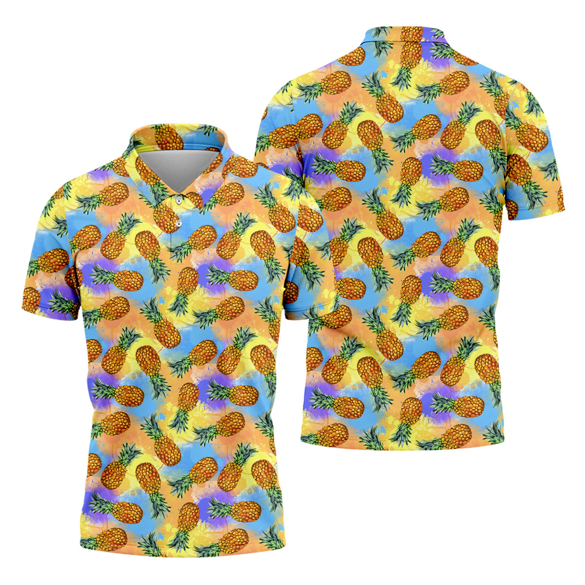 Watercolor Pineapple Tropical Pattern Design Hawaiian Golf Shirt, Golf Shirts For Men, Polo Shirts For Men