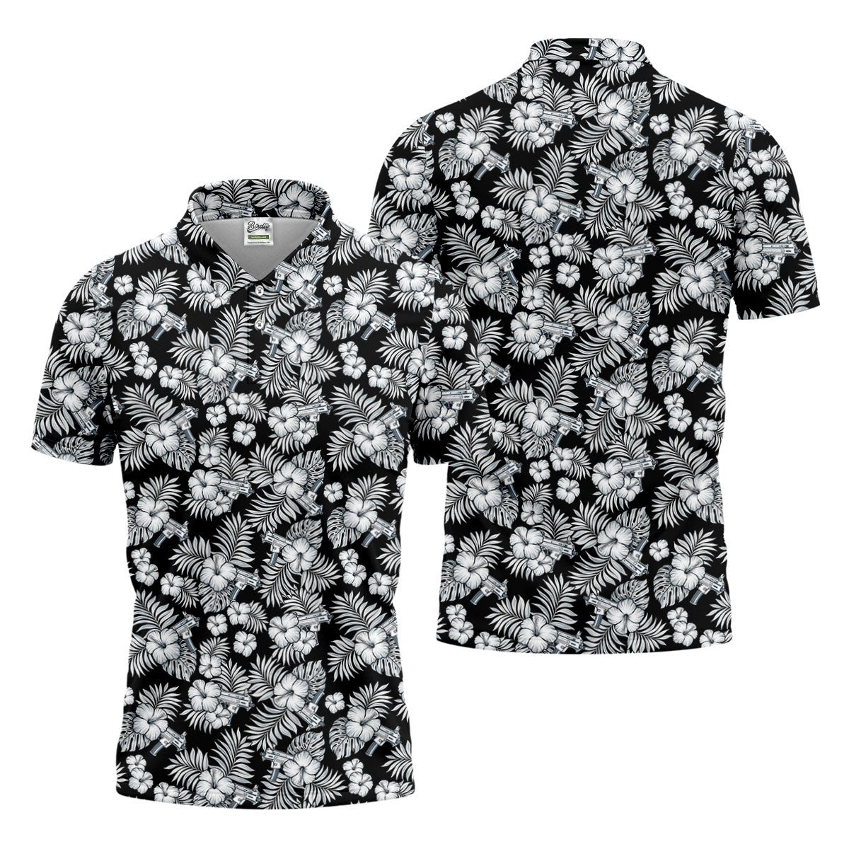 Black And White Pattern Tropical Hawaiian Golf Shirt, Summer Theme Golf Shirts For Men