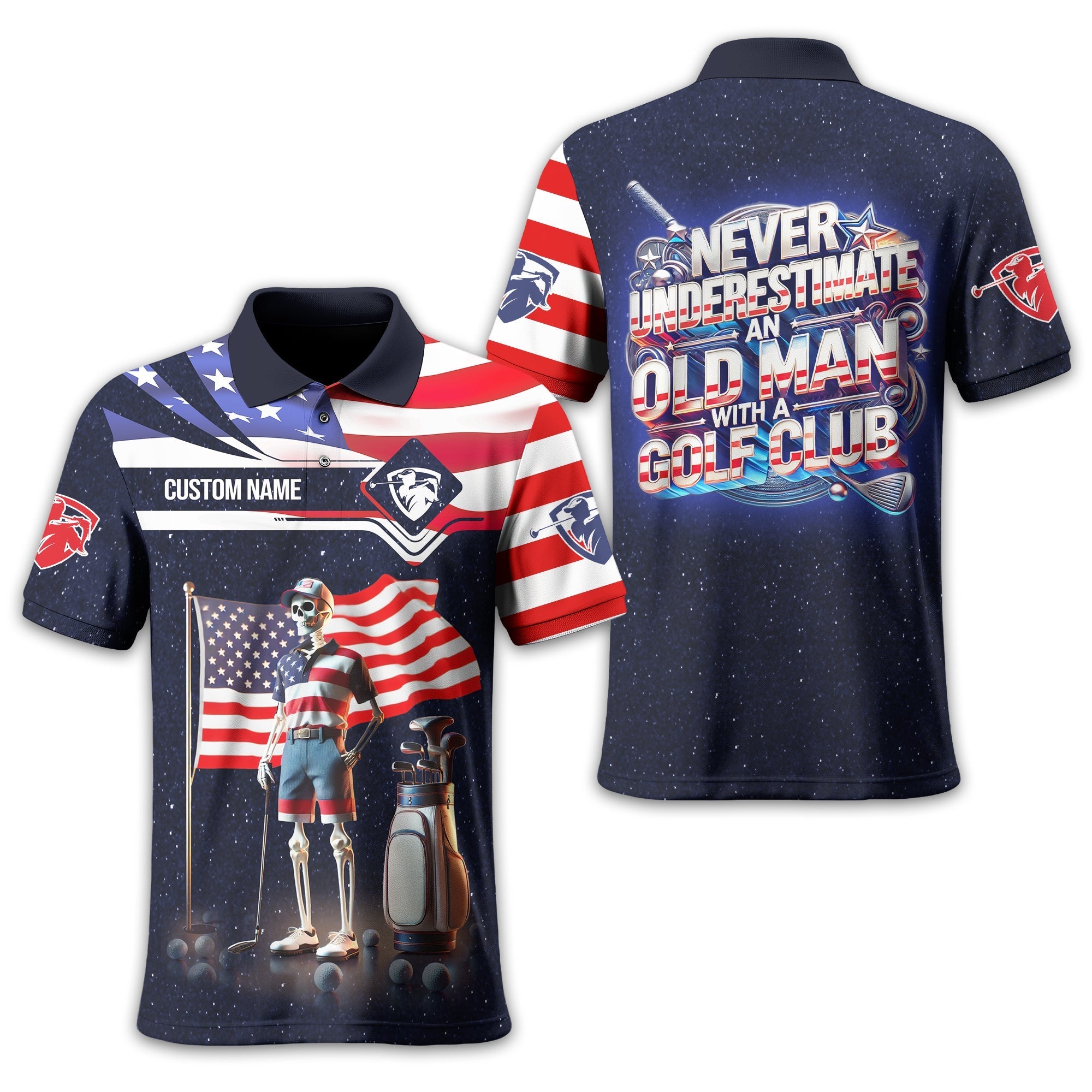 Never Underestimate An Old Man, USA Flag Shirt, Personalized Golf Shirt, Patriotic Golf Shirt, Unique Gift For Golfer