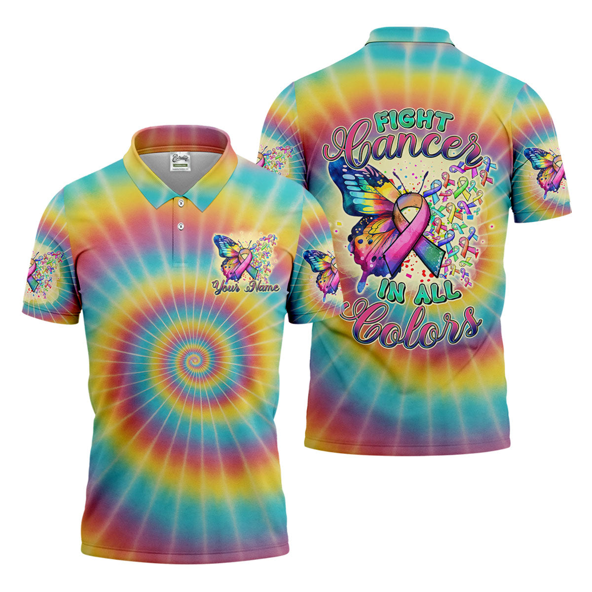 Fight Cancer In All Colors Tie Dye Print Golf Tops For Men, Cancer Awareness Shirt, Golf Shirts For Men