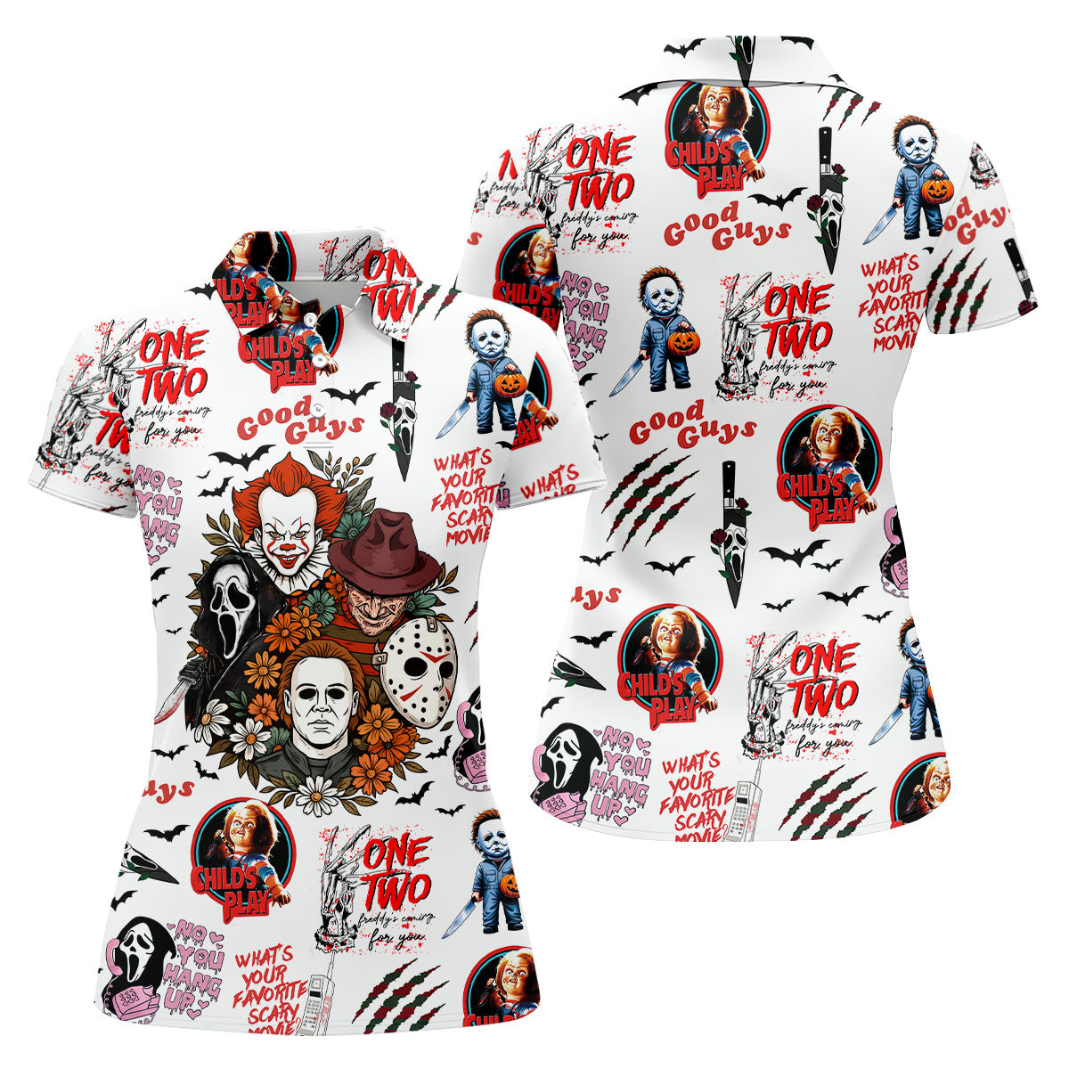 Horror Halloween Character Halloween Golf Shirt, Cool Golf Gift For Horror Fan, Women's Golf Tops