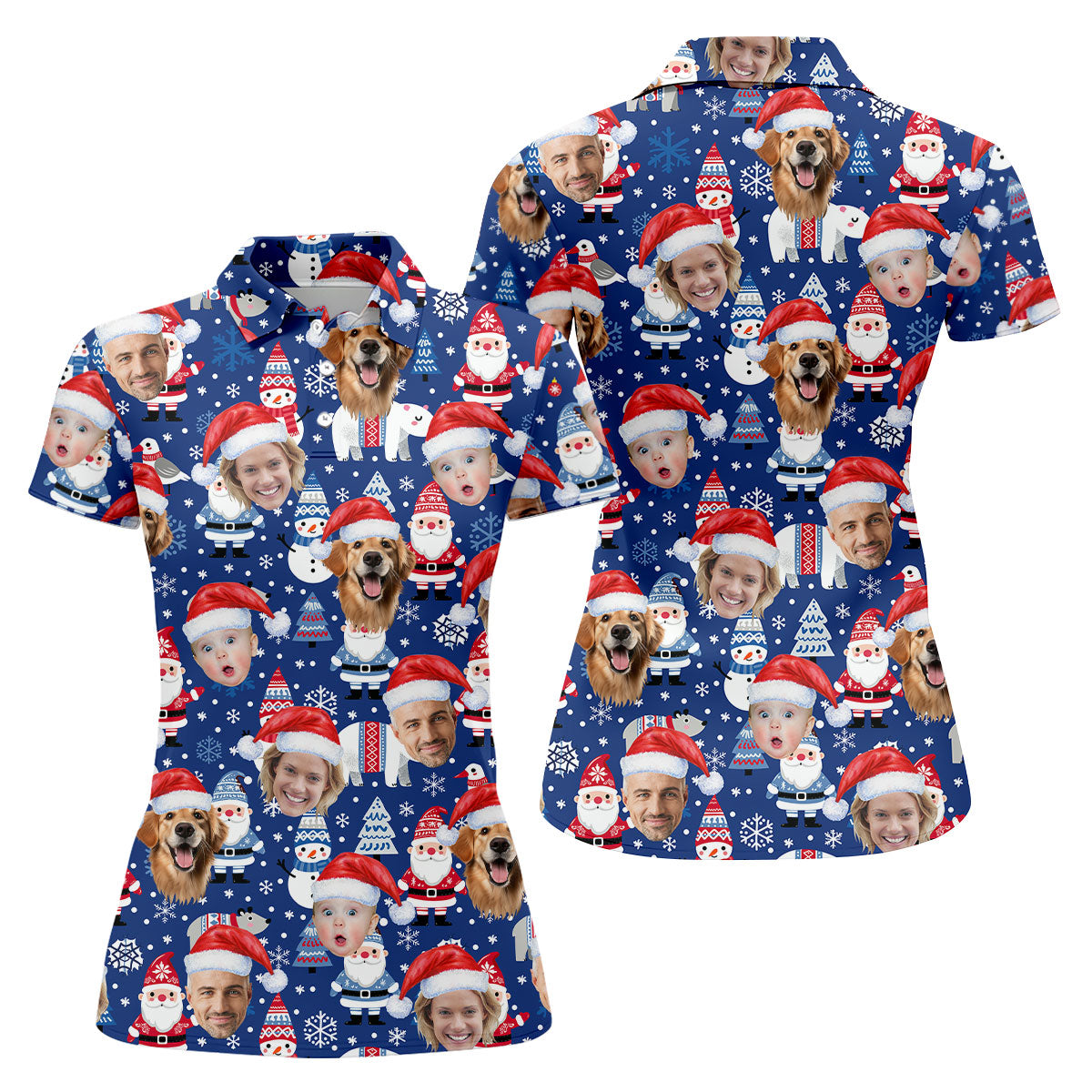 Custom Face Christmas Gnome Pattern Blue Golf Shirt, Christmas Golf Shirt, Women's Golf Tops, Ladies Golf Polos