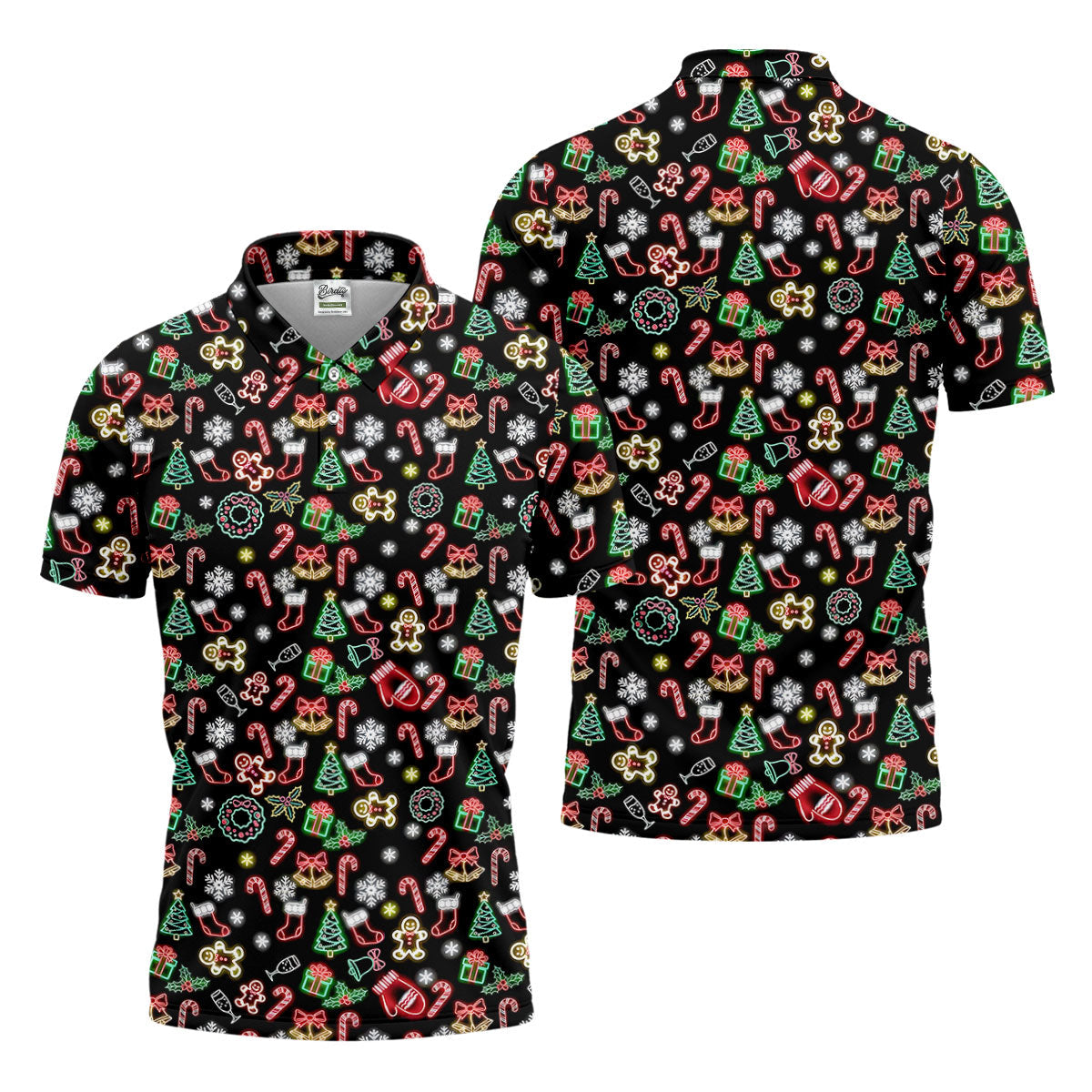 Neon Christmas Pattern Black Golf Polo Shirtun Men's Golf Polos, Christmas Golf Gift, Golfing Apparel