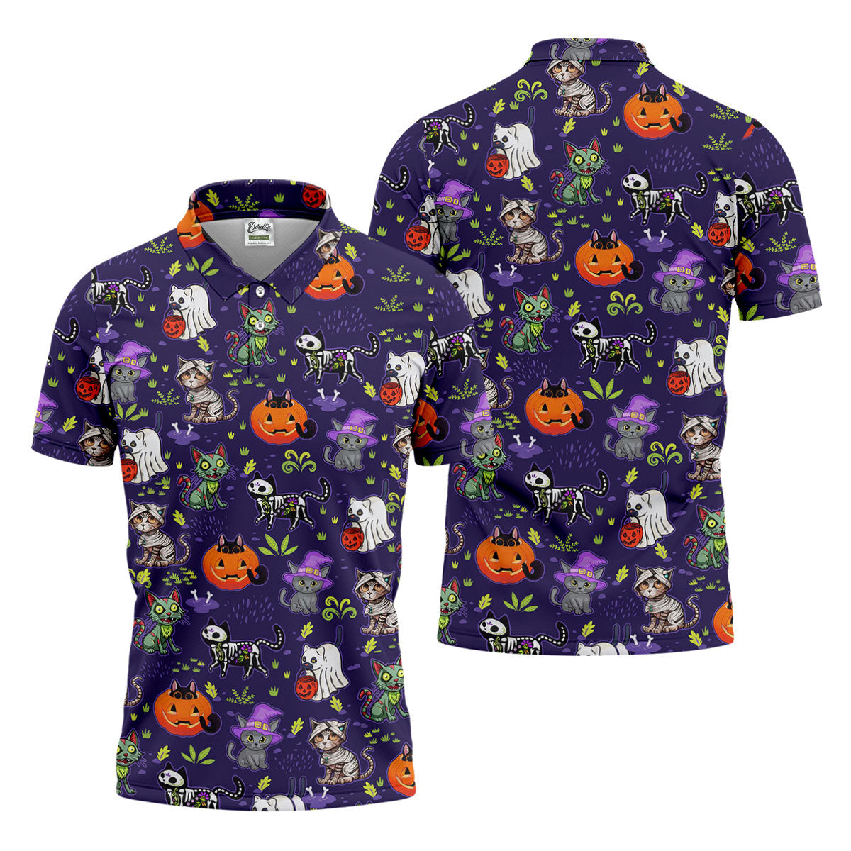 Purple Halloween Cats And Pumpkin Fun Men's Golf Polos, Cute Golf Outfit, Polo ShirtFor Men