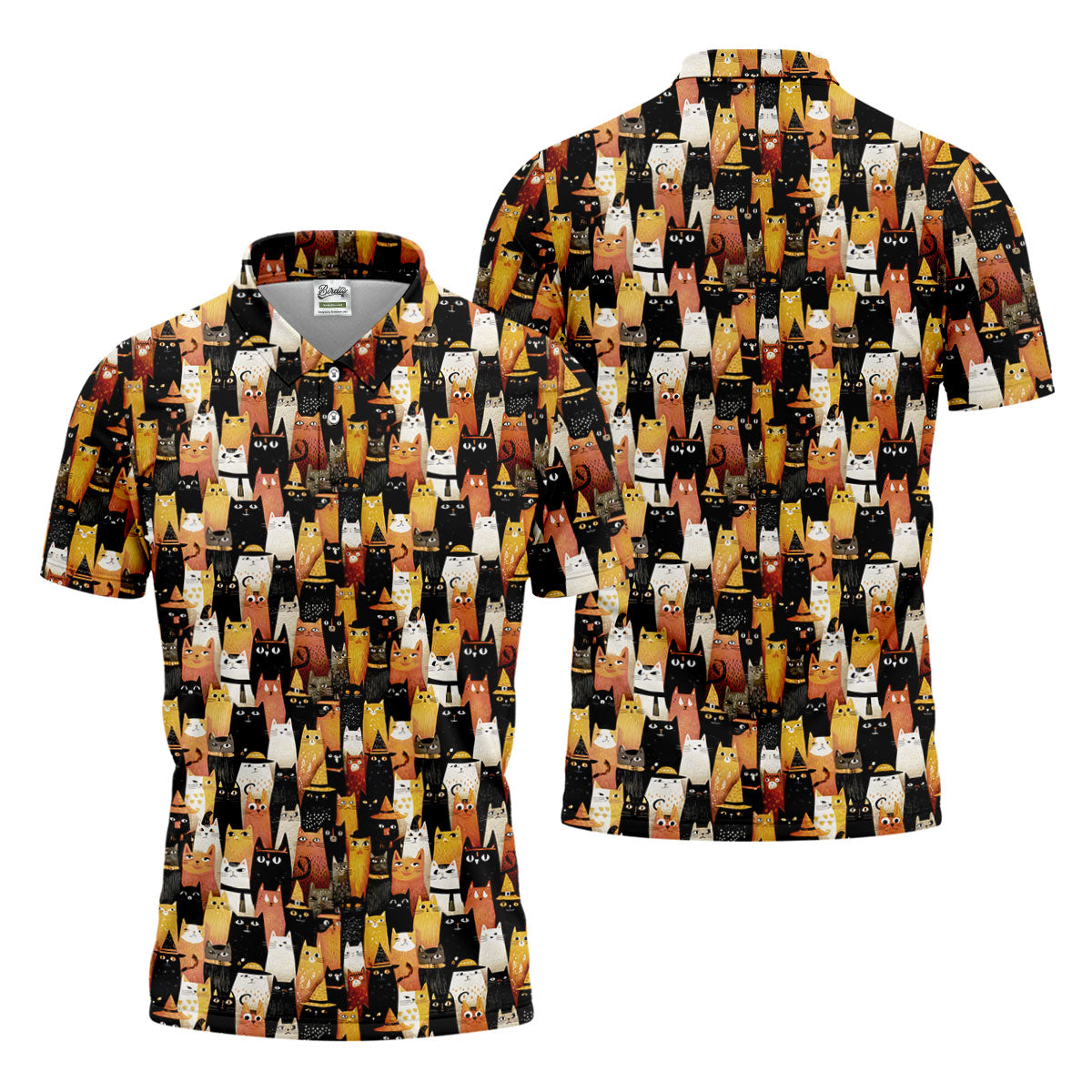 Orange Black Halloween Cat Fun Golf Shirts For Men, Cute Golf Outfit, Polo ShirtFor Men