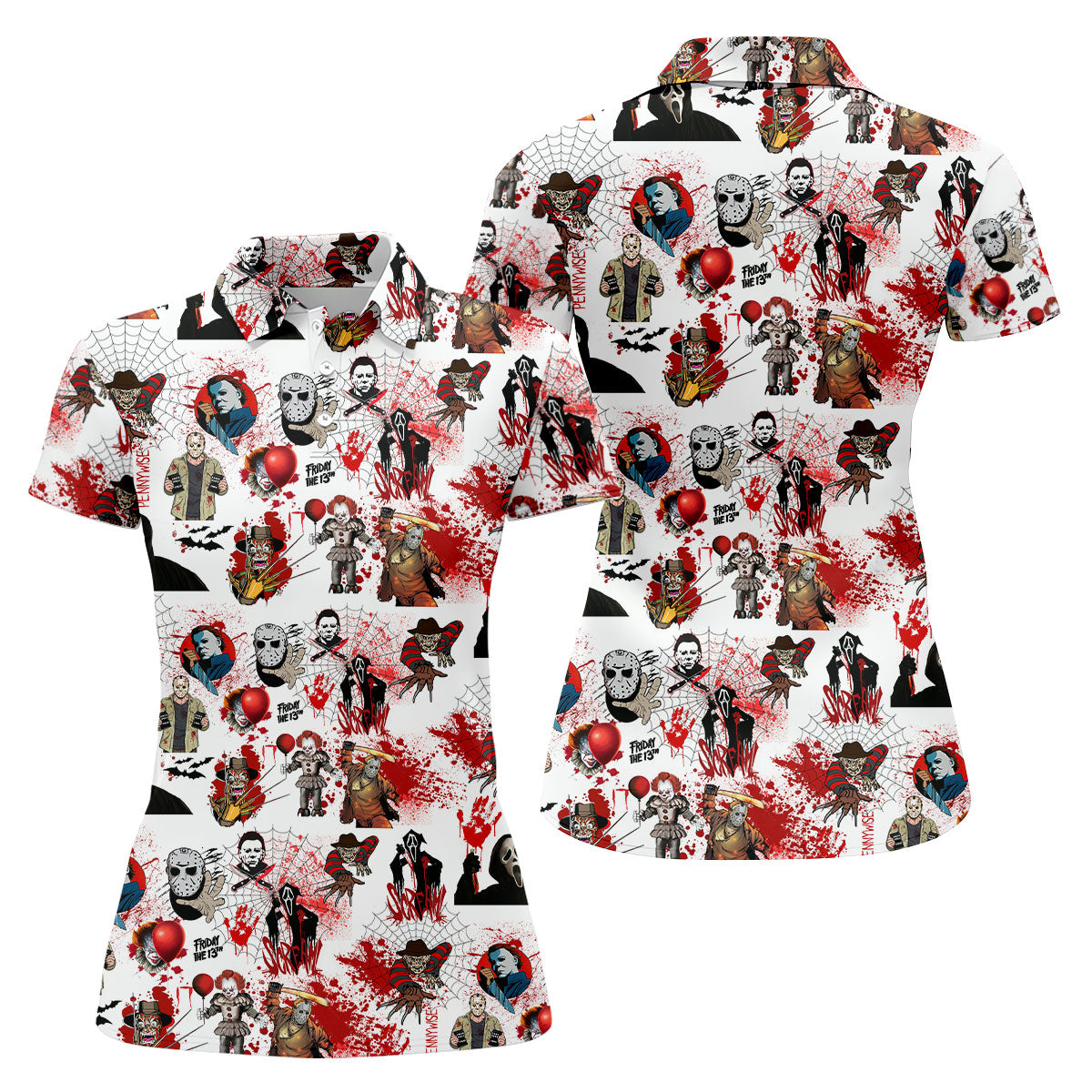 Horror Villain Blood Splatter Print Women's Golf Tops, Halloween Golf Shirt, Ladies Golf Polos, Golfing Apparel