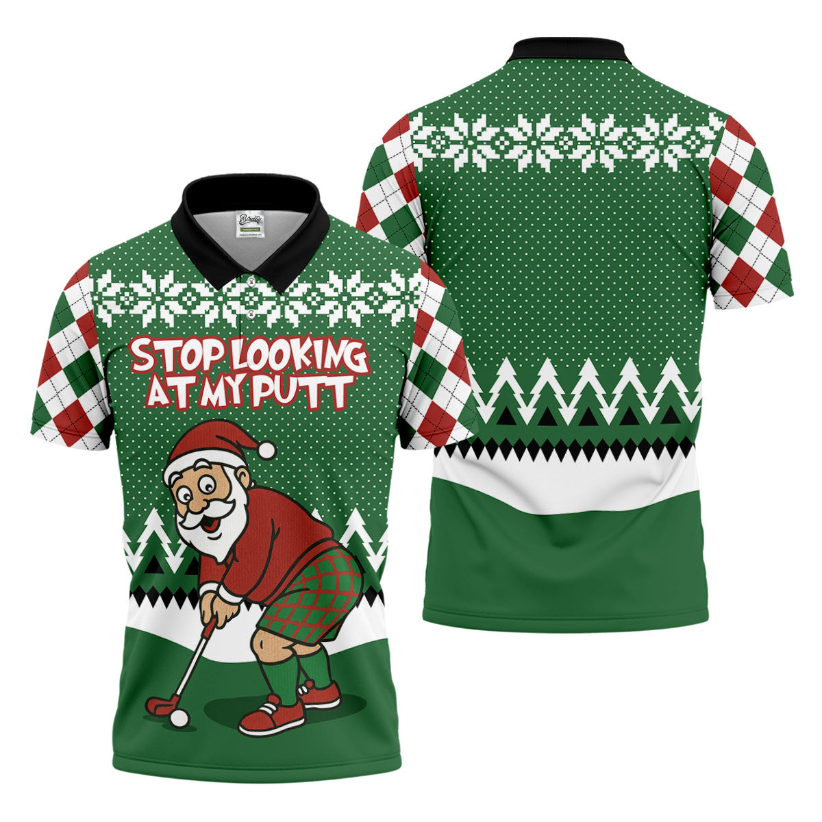 Stop Looking At My Putt Funny Santa Claus Argyle Golf Shirt, Christmas Golf Shirt, Polo ShirtFor Men