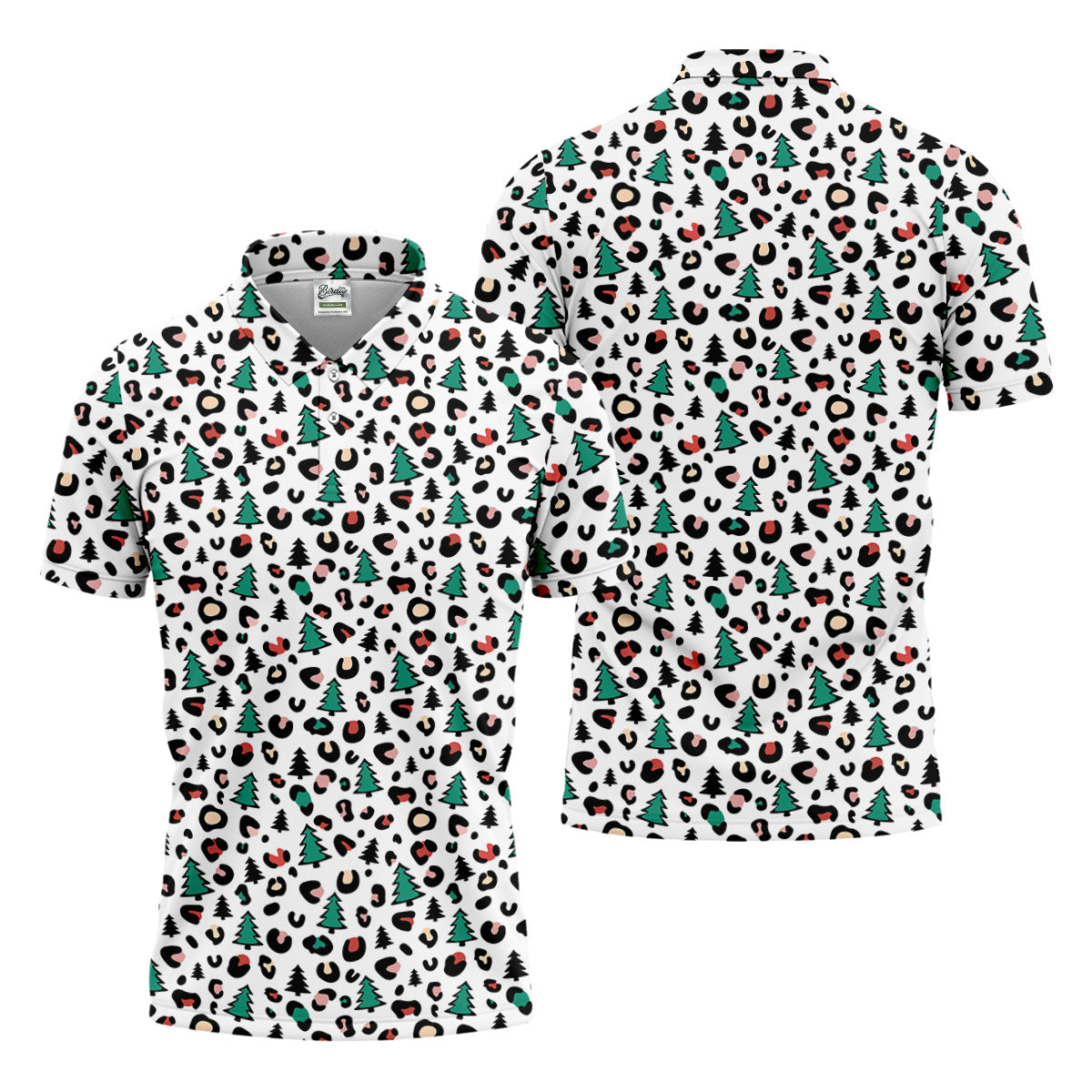 Leopard Pattern Xmas Pine Tree Golf Tops For Men, Christmas Golf Shirt, Cute Golf Outfit, Polo ShirtFor Men