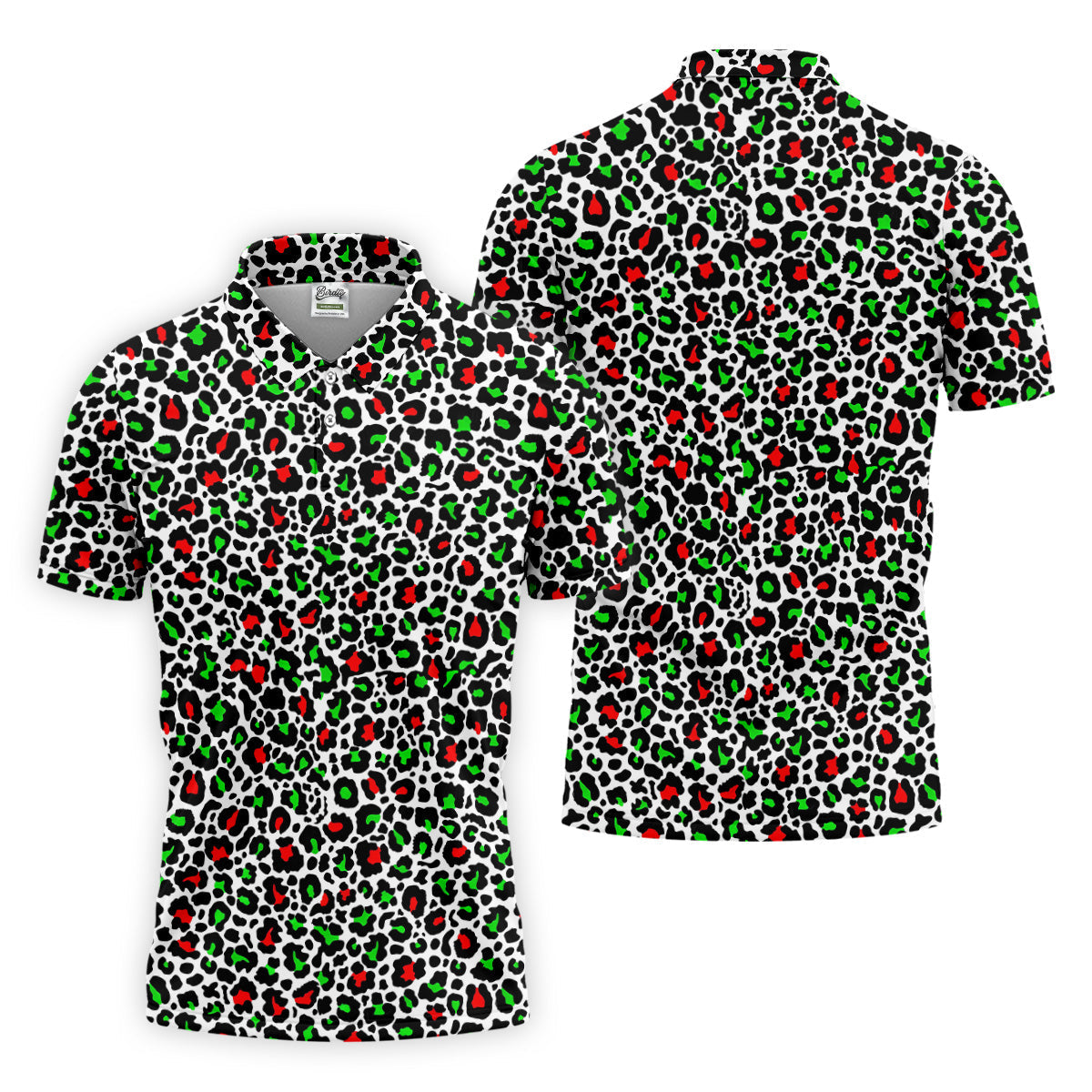 Leopard Pattern Xmas Pine Tree Green And Red Golf Tops For Men, Christmas Golf Shirt, Polo Shirt Men